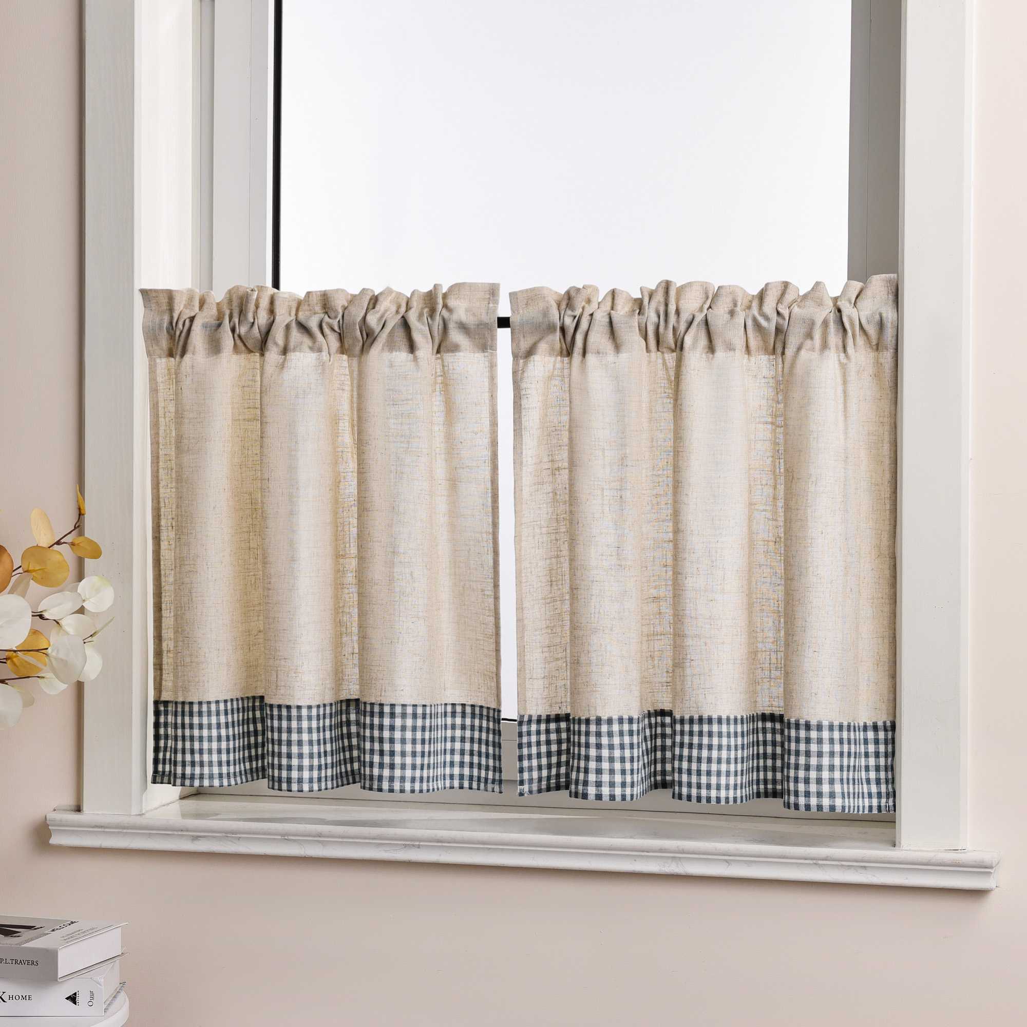 Scheibengardine Kräuselbandgardine unten mit blauem Karomuster aus Leinenimitat halbtransparent 2er Set