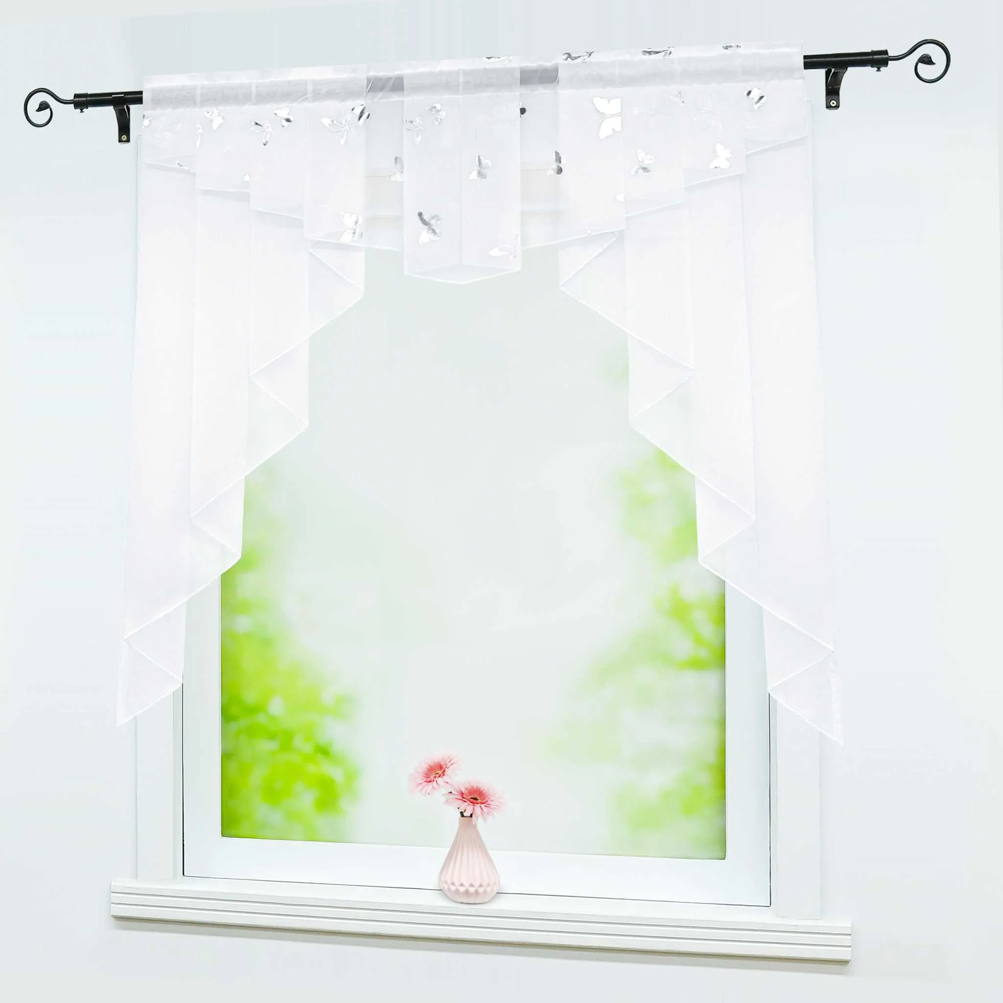 Scheibengardine Bistrogardine durch Tunnelzug Doppelschichtige Vorhangkopf Küchengardinen mit Schmetterlingsmuster