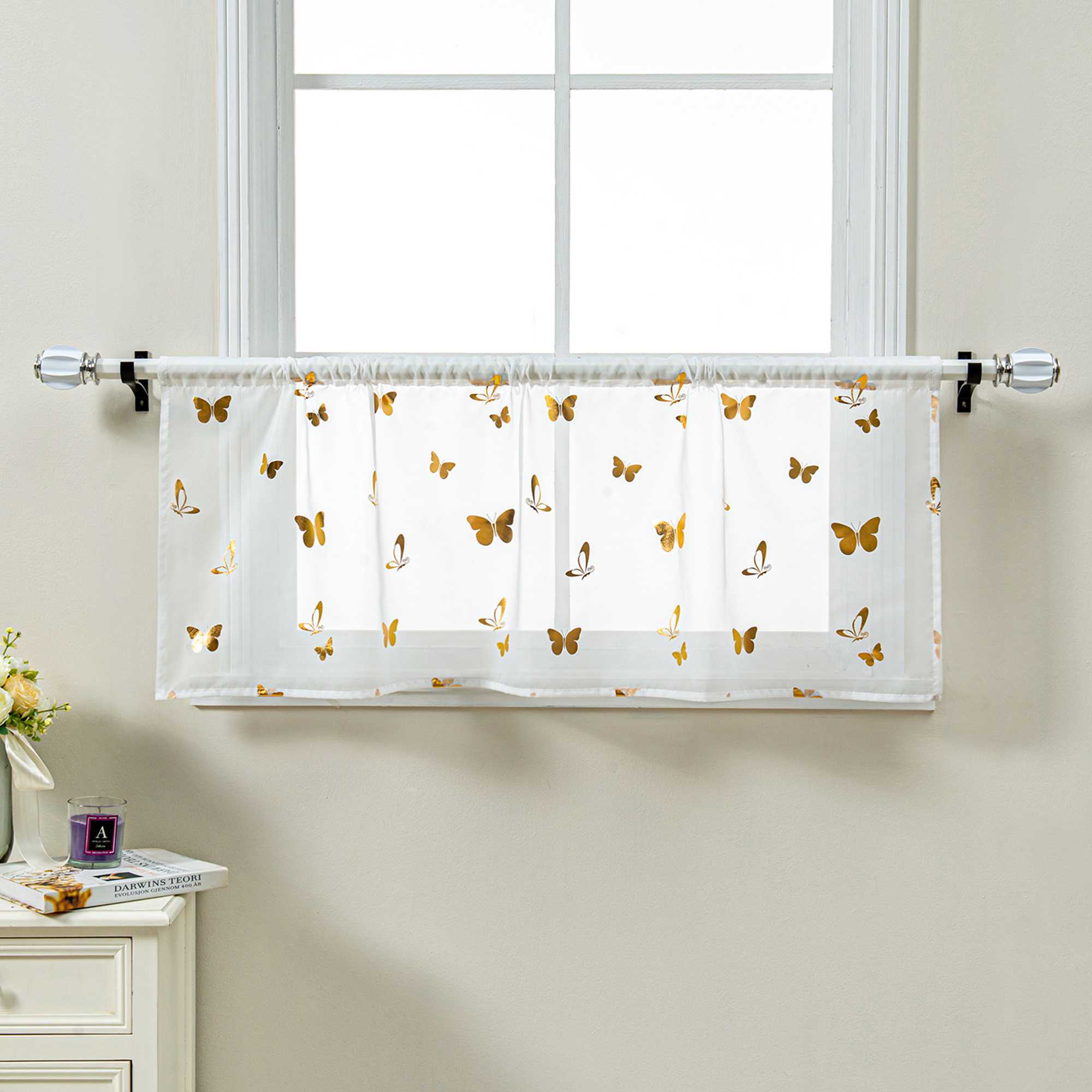 Scheibengardine mit Schmetterling Glanzdruck Transparent Küche Gardinen