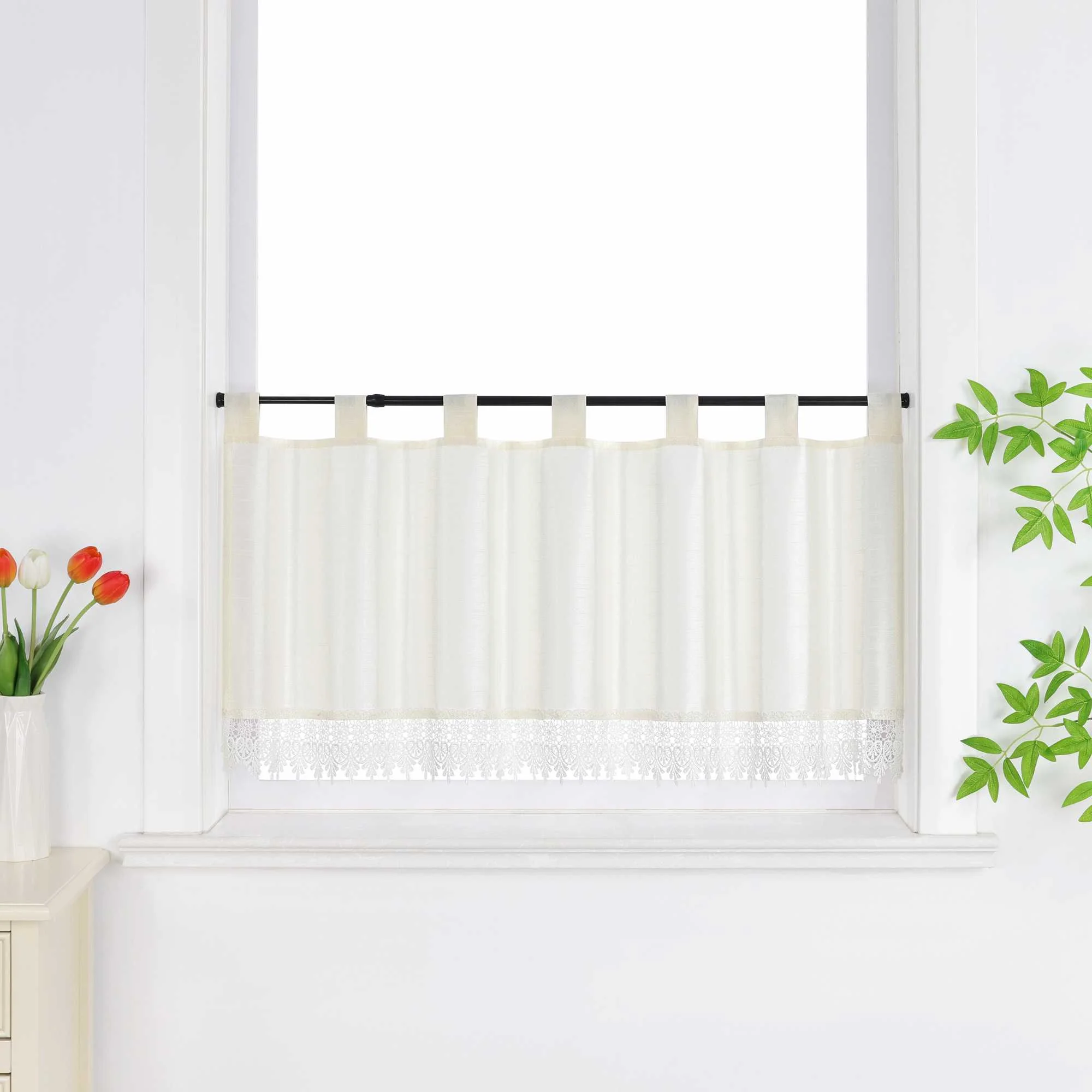 Halbtransparente kurze Gardine modern mit Leinenstruktur und Spitzenborte