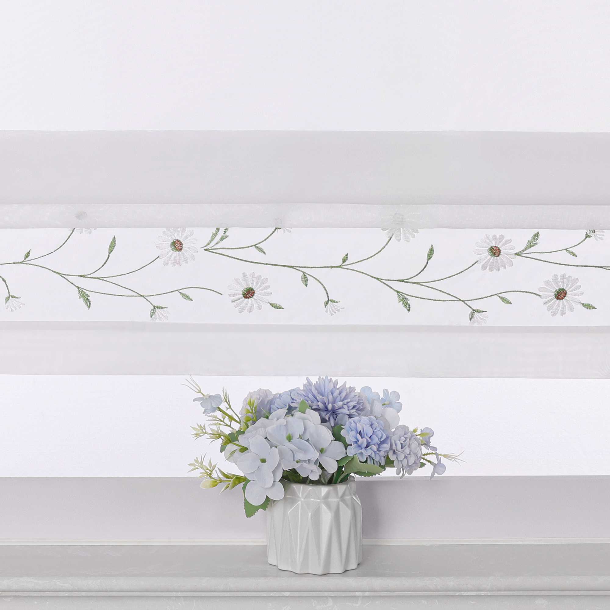 Raffrollo Voile Raffgardinen mit Schlaufen Küche Fenster Vorhänge mit Blumenmuster Stickerei Transparent Weiß 1 Stück