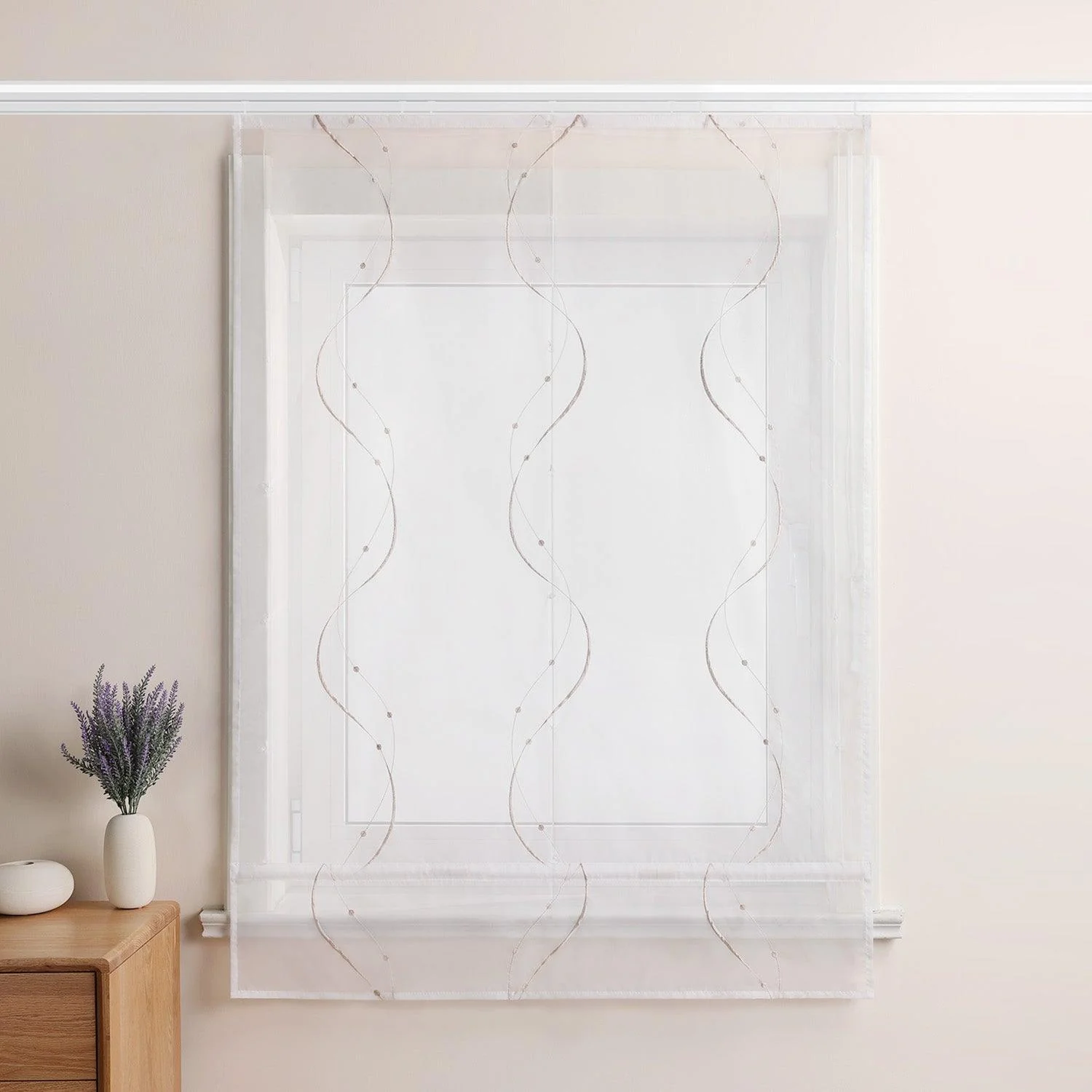 Raffrollo mit Klettband Küche Gardinen Raffgardinen Voile Bändchenrollo mit Wellenperlenmuster Stickerei Transparent 1 Stück