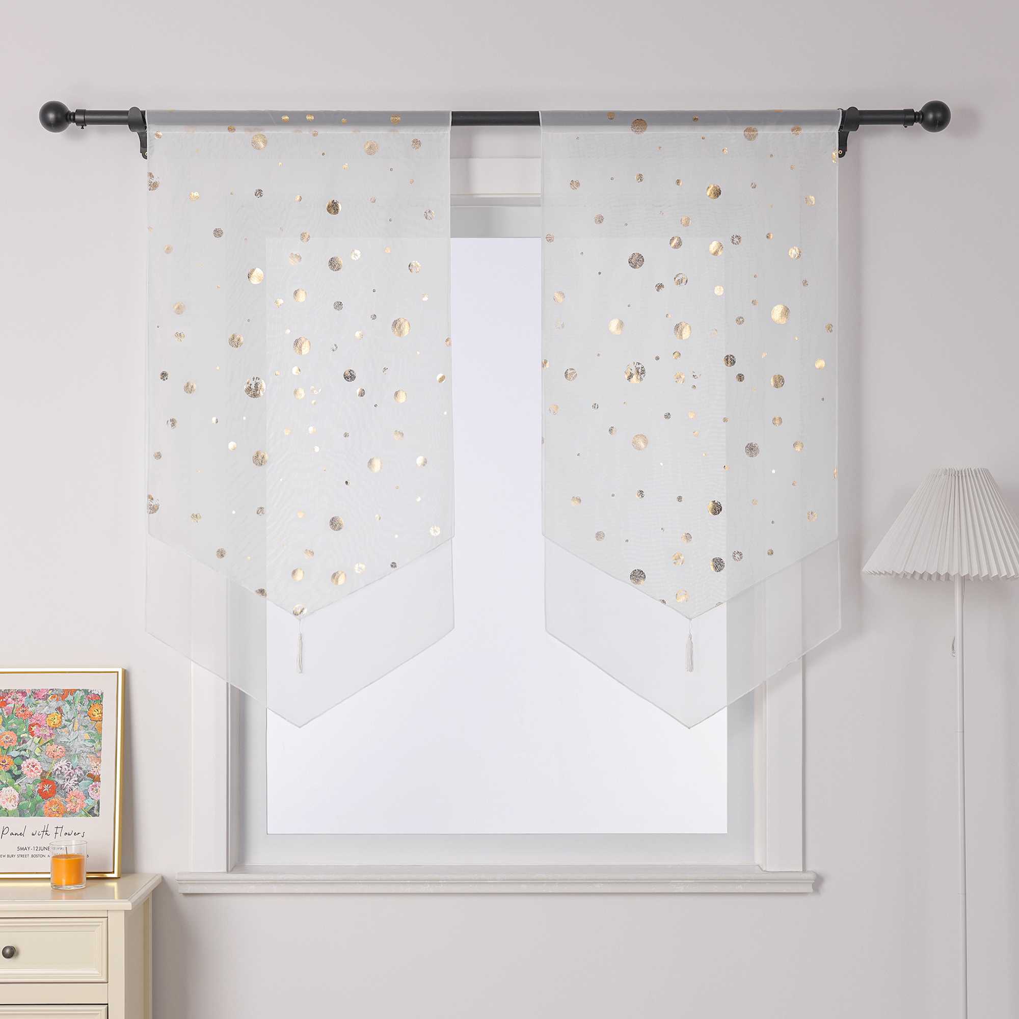 Scheibengardine Bistrogardine mit Glänz Kreise Voile Küche Gardinen durch Stangendurchzug Transparent 1 Stück