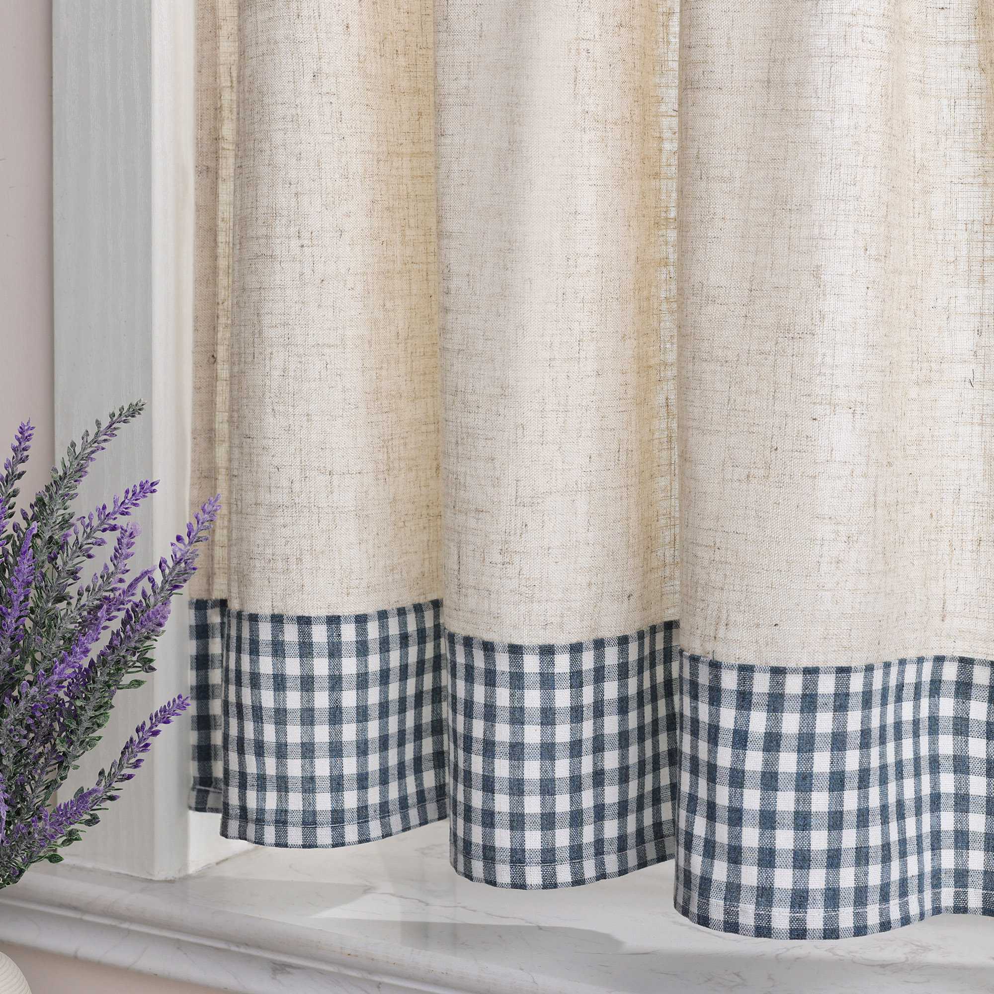 Scheibengardine Kräuselbandgardine unten mit blauem Karomuster aus Leinenimitat halbtransparent 2er Set