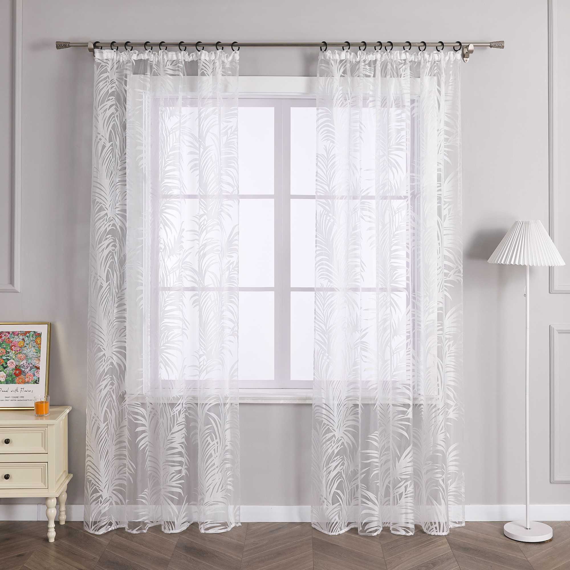 Voile Gardine in Ausbrenner mit Blätter Muster transparenter Vorhang Unifarbiges Schals Wohnzimmer Fensterschal 1 Stück