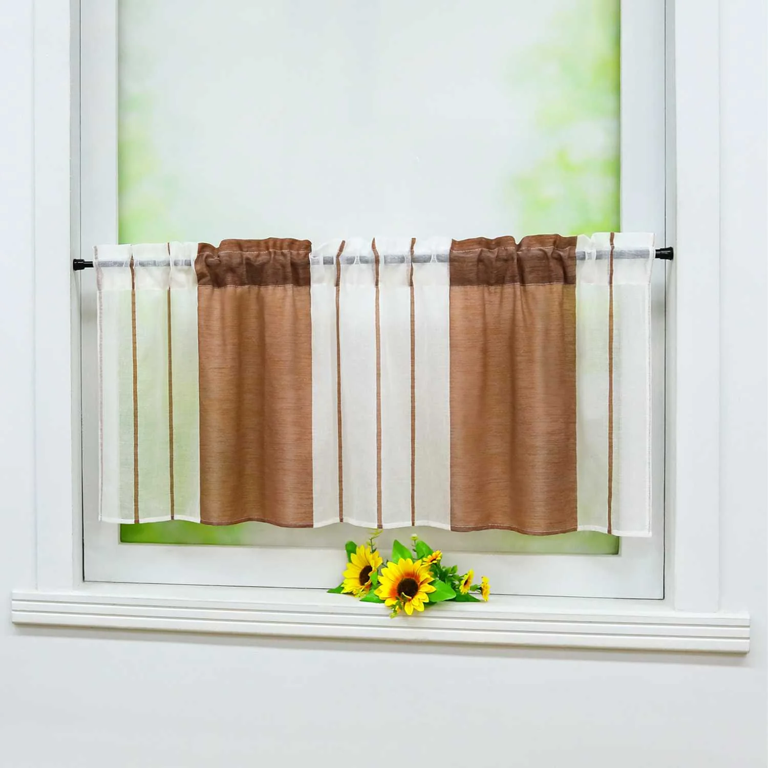 Scheibengardine durch Stangendurchzug zusammenziehbar weiße Streifenmuster halbtransparent 1 Stück