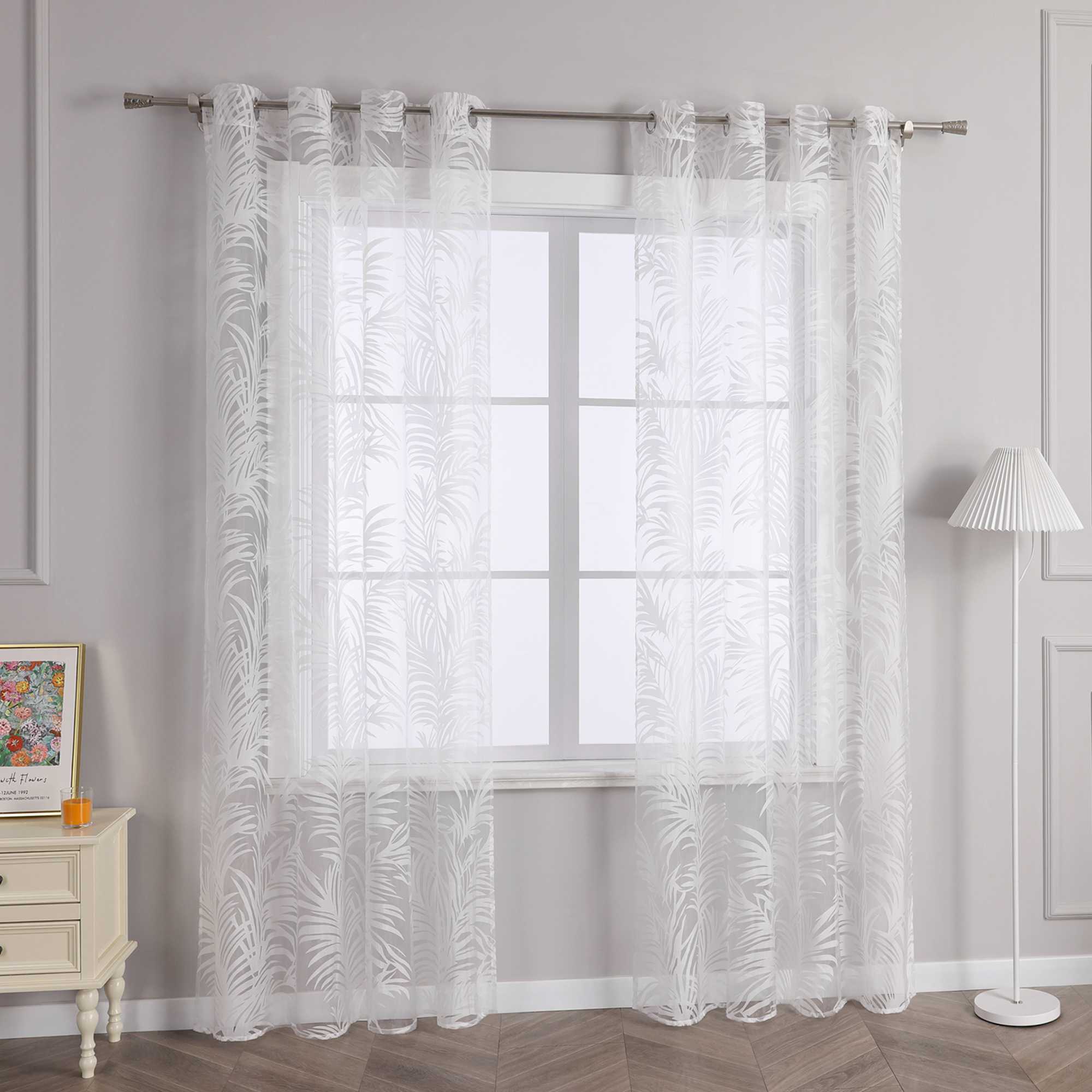 Voile Gardine in Ausbrenner mit Blätter Muster transparenter Vorhang Unifarbiges Schals Wohnzimmer Fensterschal 1 Stück