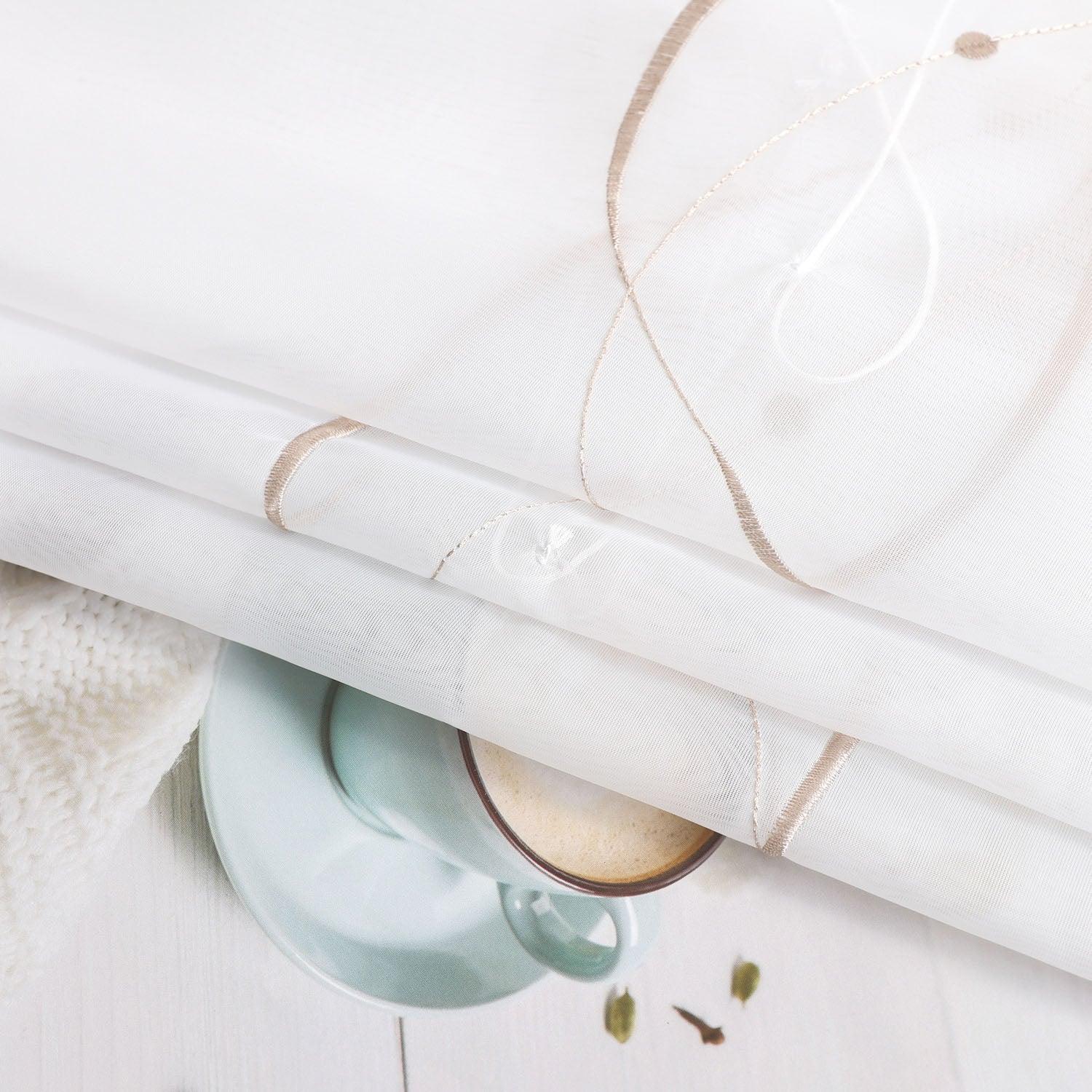 Raffrollo mit Klettband Küche Gardinen Raffgardinen Voile Bändchenrollo mit Wellenperlenmuster Stickerei Transparent 1 Stück