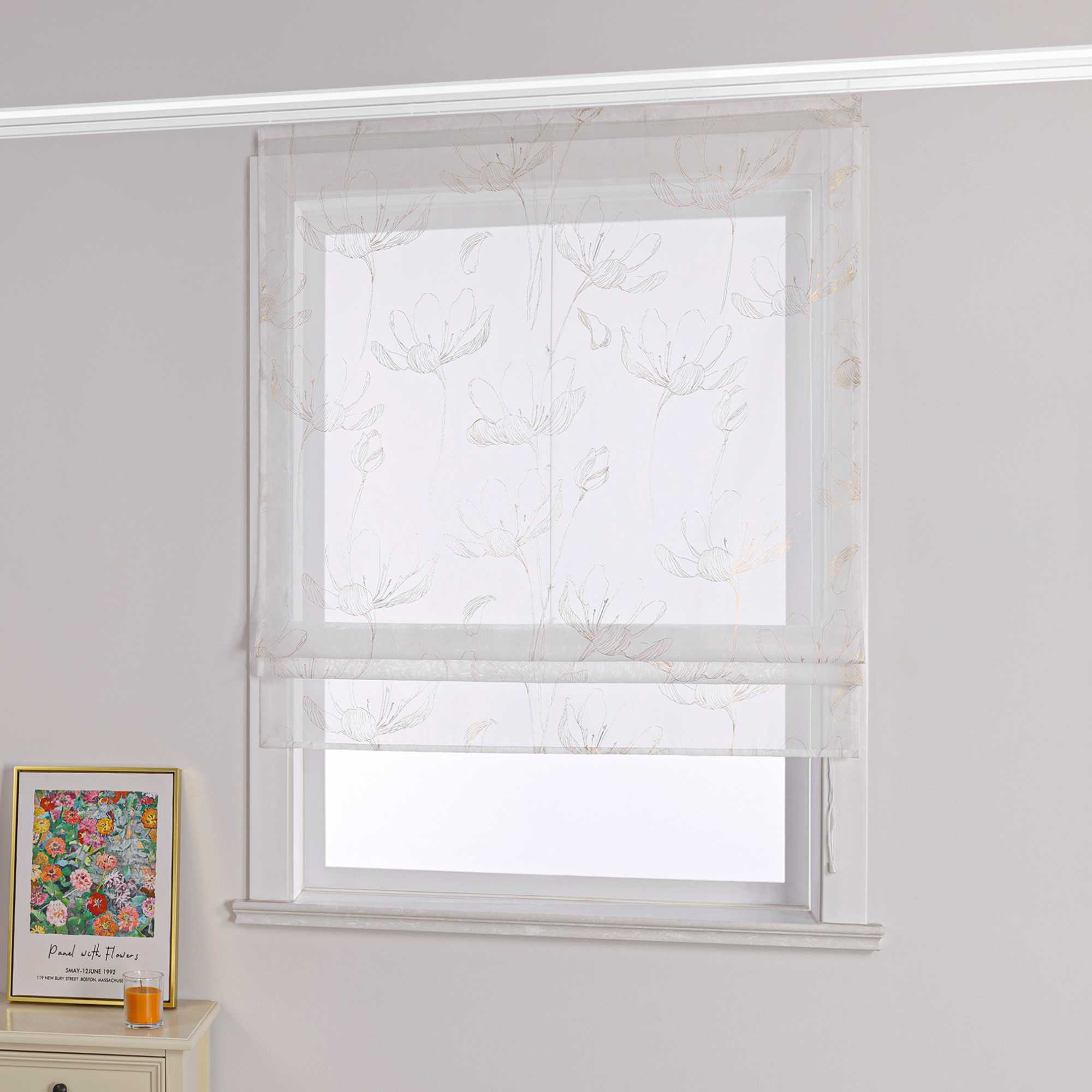 Transparente Raffrollo mit Lotusmuster und Klettband