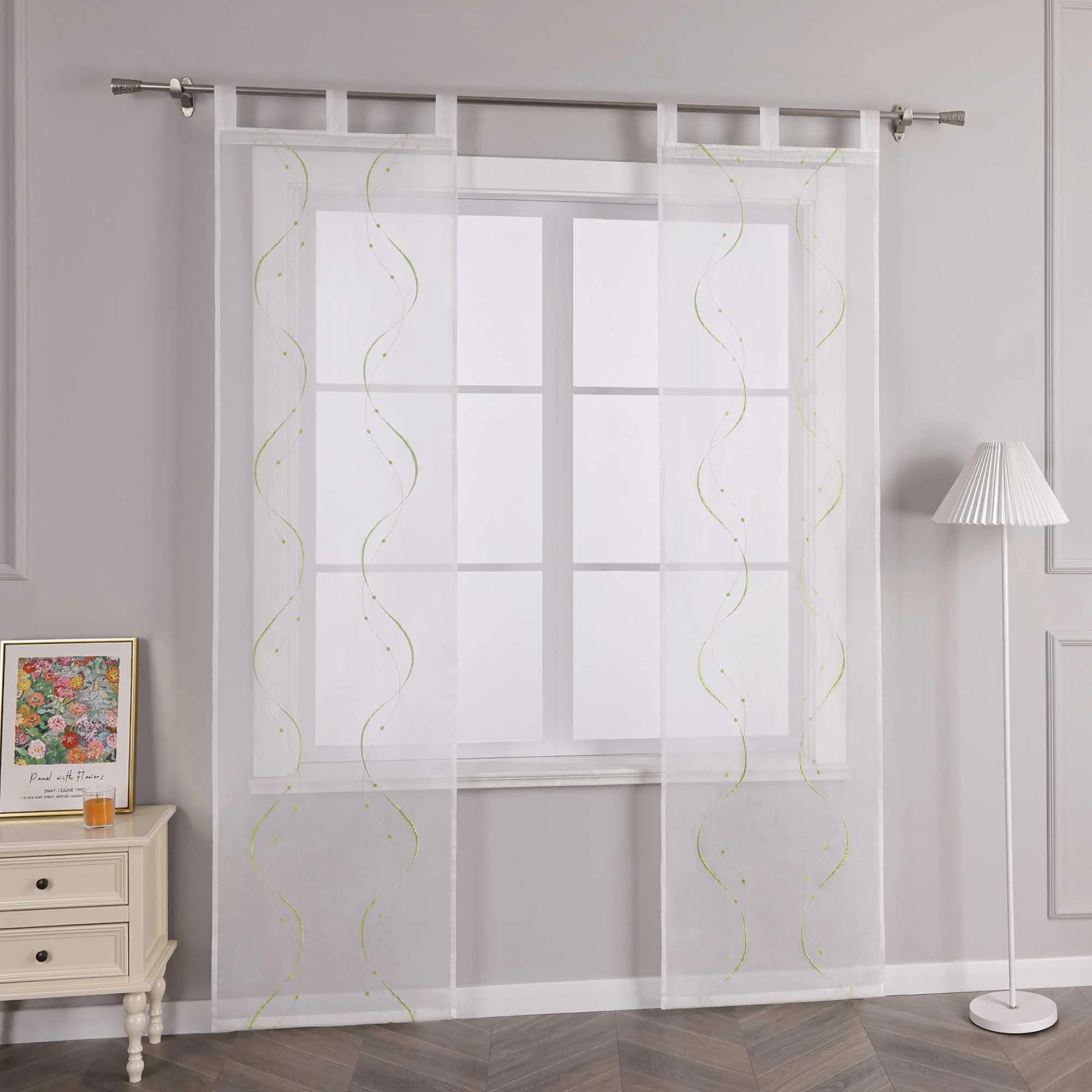 Schiebegardinen mit Schlaufen 2er Flächenvorhänge Schiebevorhang mit Wellenperlenmuster Stickerei Transparent