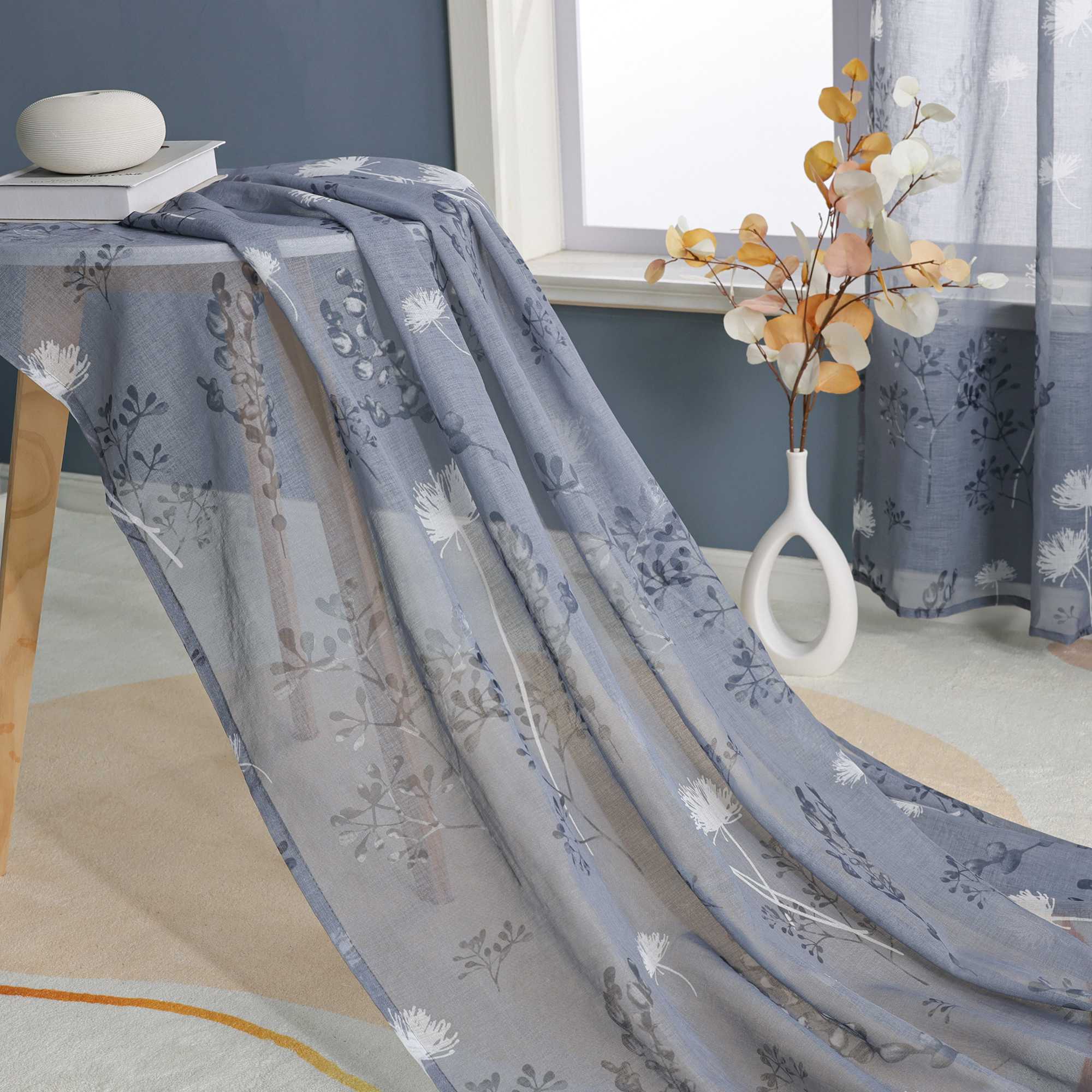 Vorhang mit Schlaufen modern Voile Gardine mit botanischen Mustern Vorhänge Transparent Schlafzimmer Wohnzimmer 1 Stück