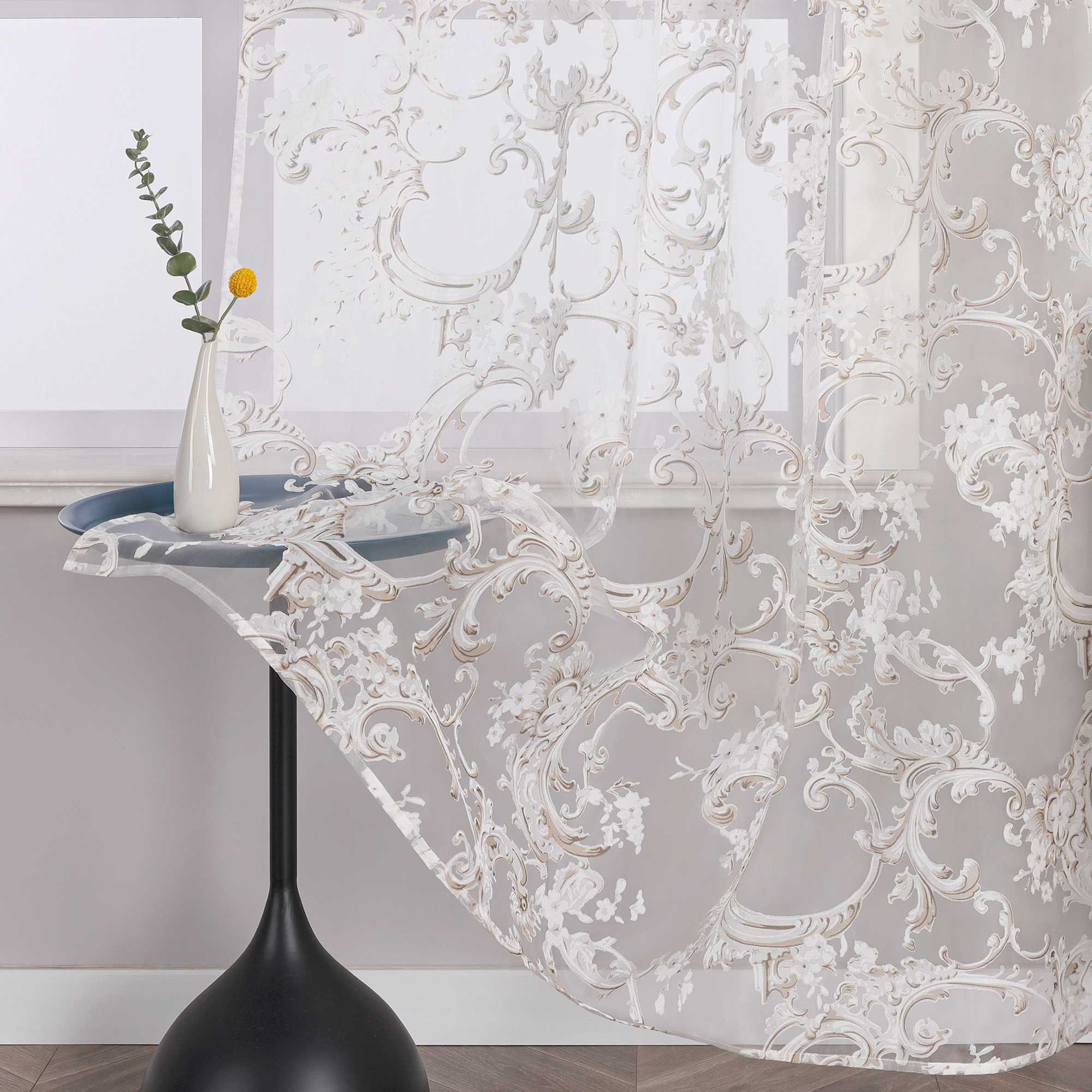 Eleganter Ösenschal mit Phönixblütenmuster | Transparente Voile Gardine für Schlafzimmer und Wohnzimmer