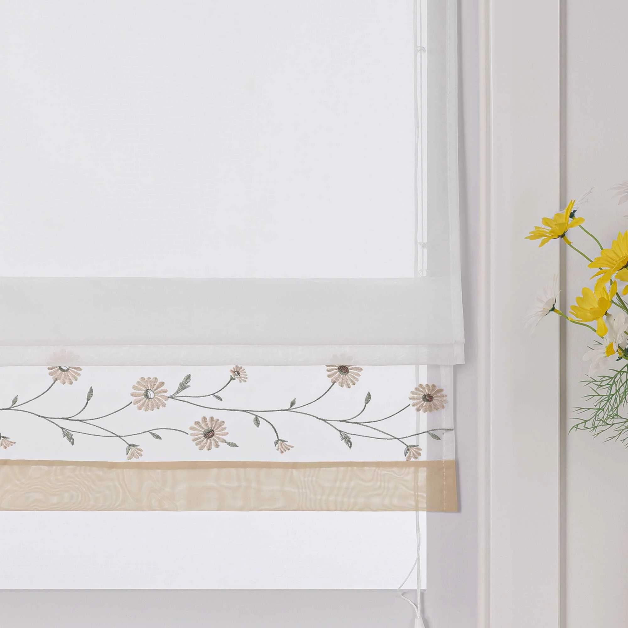 Raffrollo Voile Raffgardinen mit Schlaufen Küche Fenster Vorhänge mit Blumenmuster Stickerei Transparent Weiß 1 Stück