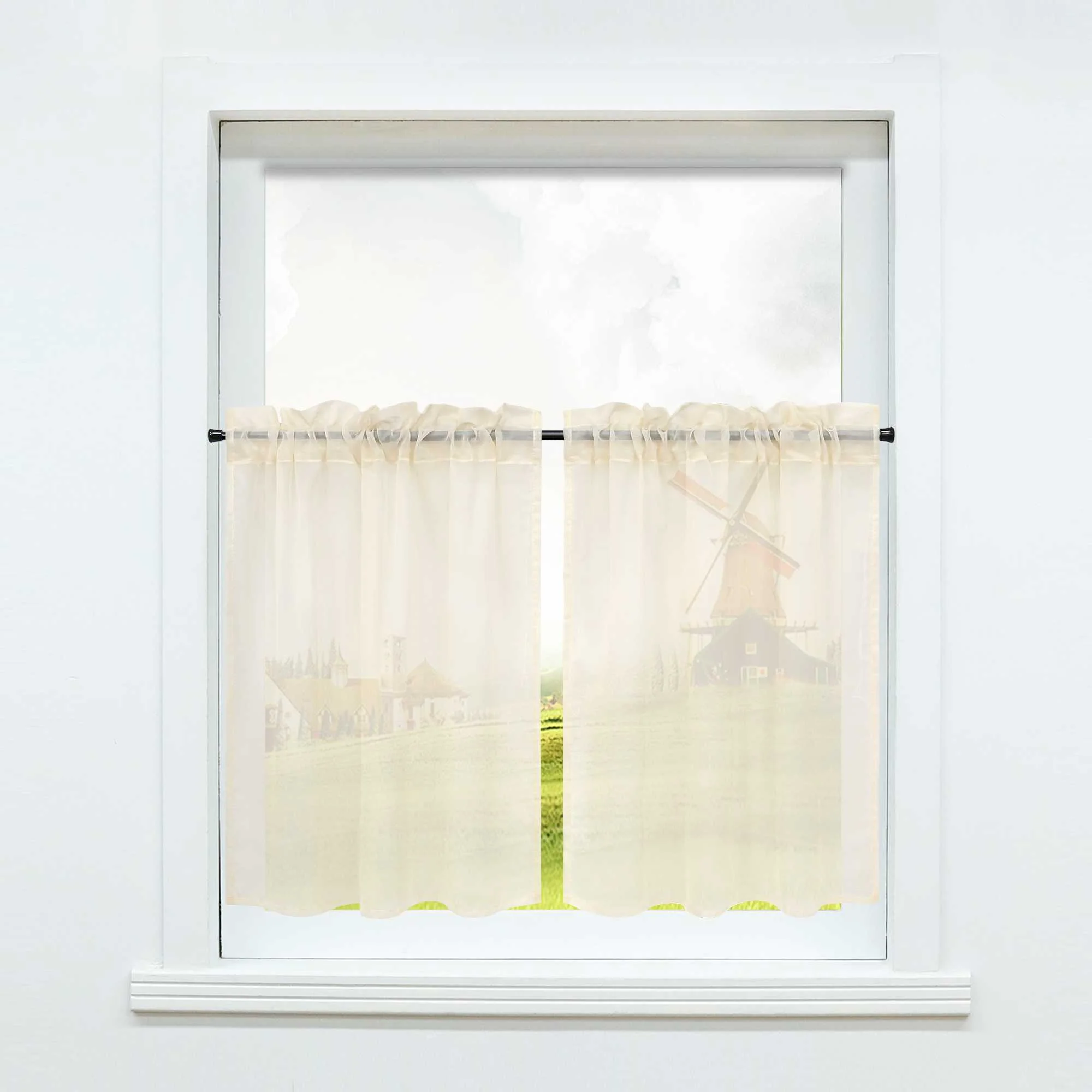 Scheibegardine durch Stangendurchzug zusammenziehbar Transparent Unifarbe Luftdurchlässig zusammenziehbar 2 Stück