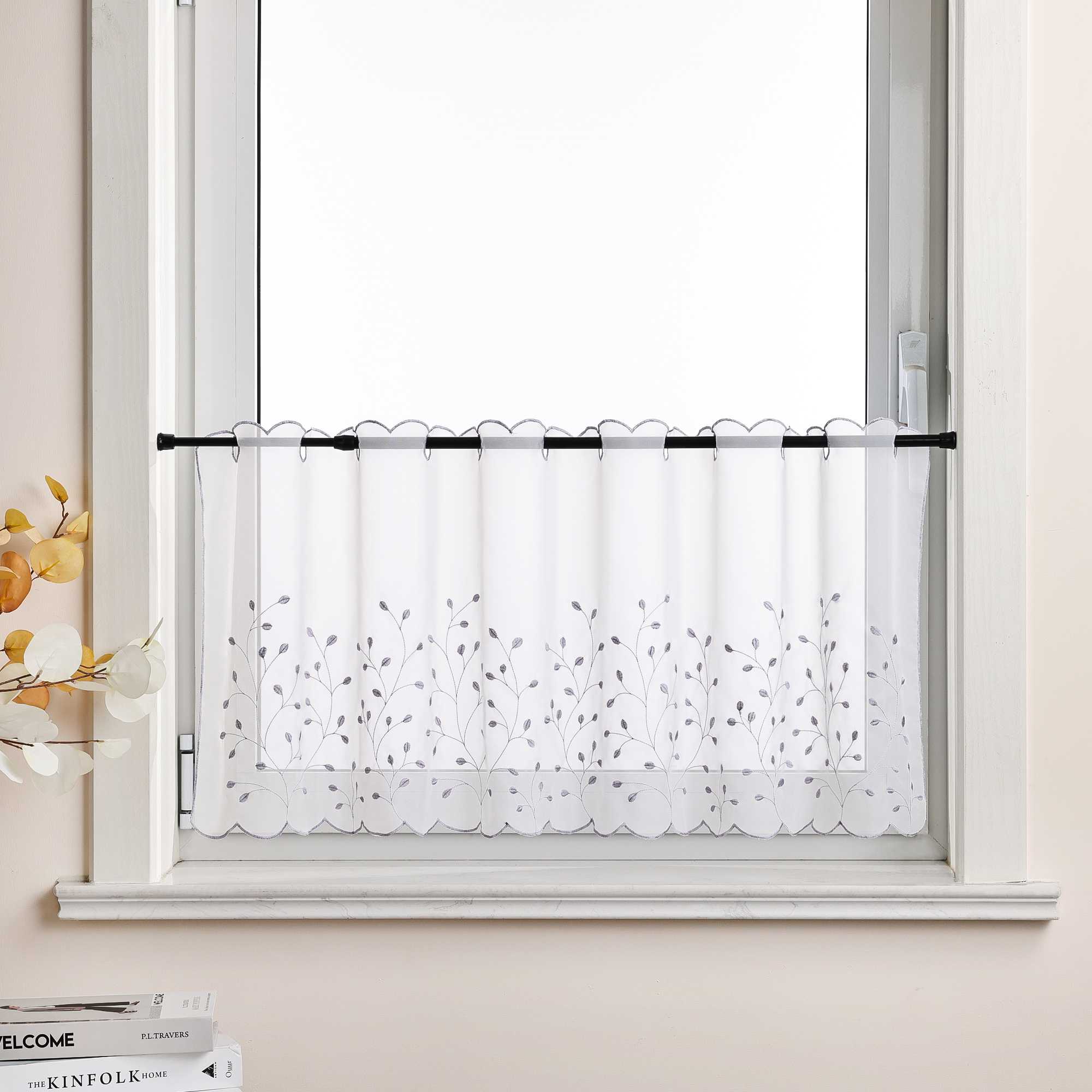 Scheibengardine mit Blumenstickerei Modern Voile Bistrogardine mit Lochleiste Unifarbige Kurzstores Landhausstil Transparent 1 Stück