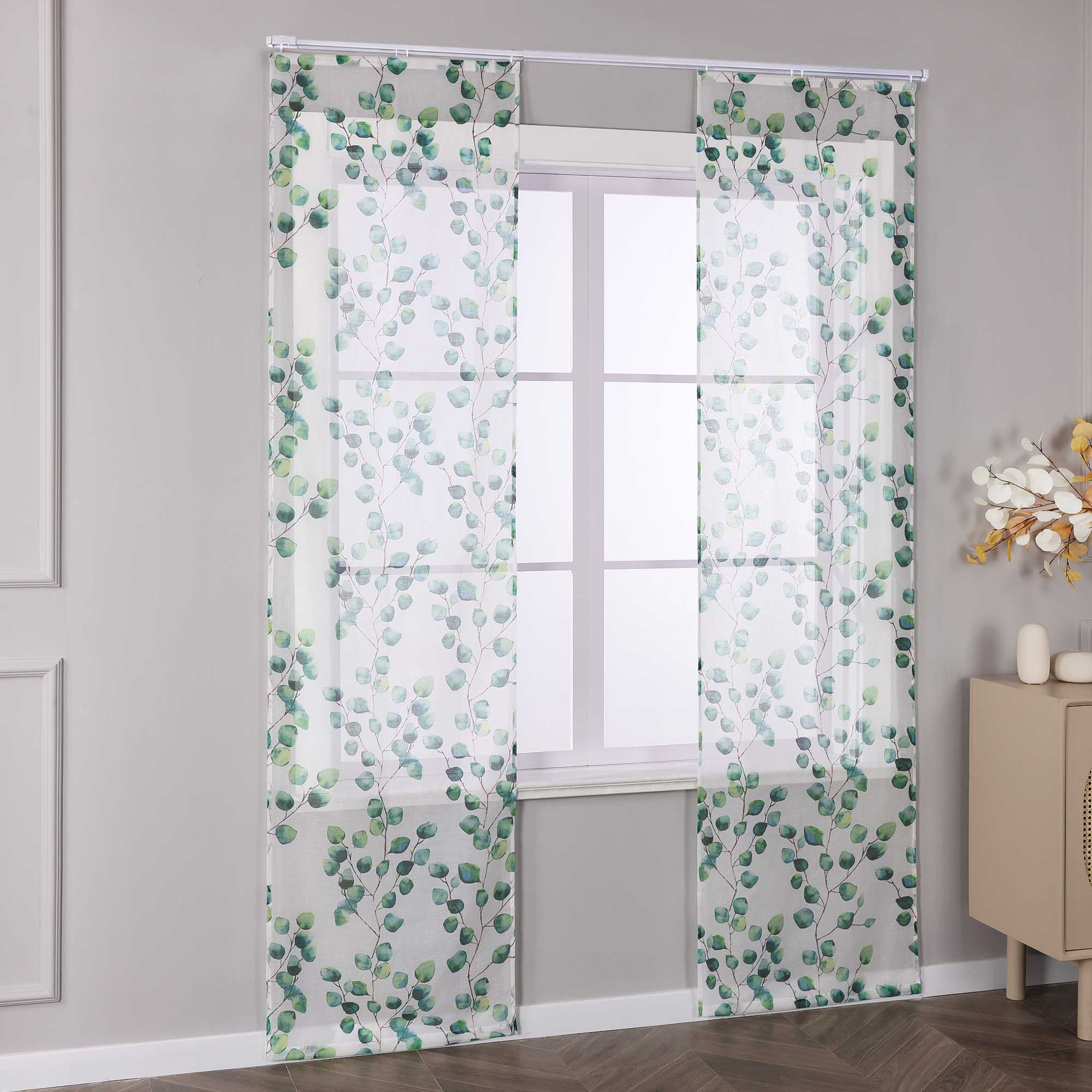 Halbtransparente Schiebegardinen Klettbandschal mit grünem Blättermuster Lichtdurchlässig 2er Set