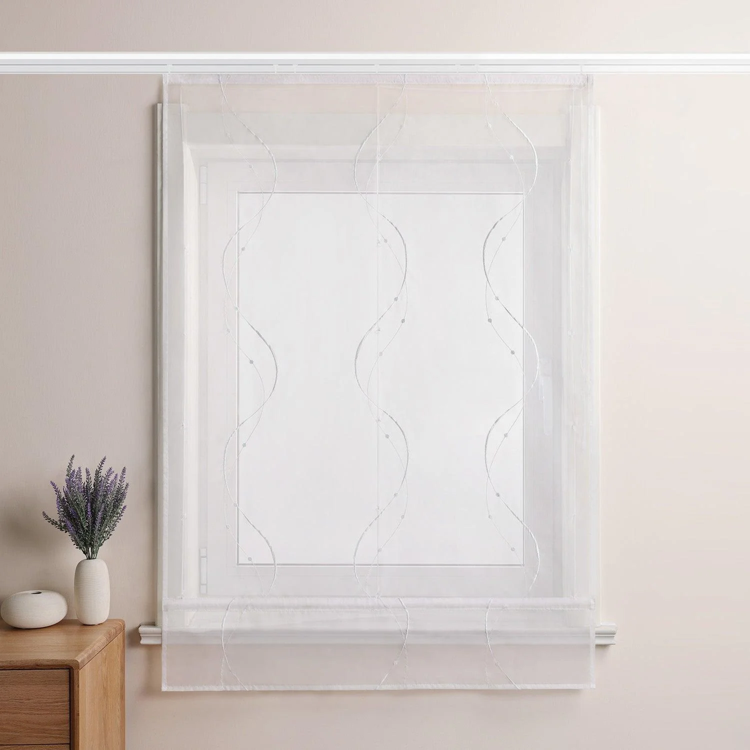 Raffrollo mit Klettband Küche Gardinen Raffgardinen Voile Bändchenrollo mit Wellenperlenmuster Stickerei Transparent 1 Stück