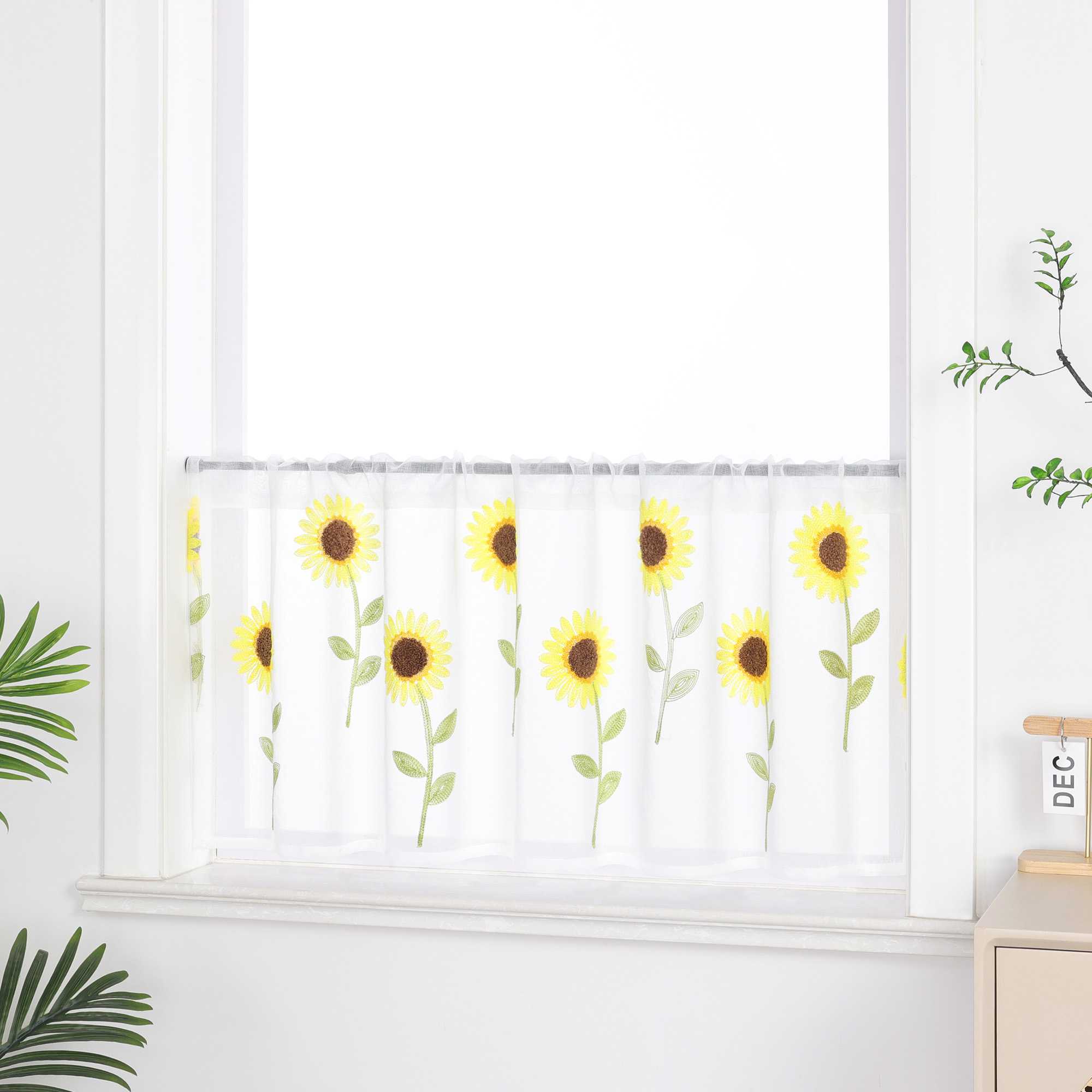 Scheibengardinen Bistrogardinen durch Tunnelzug Voile Küche Kinderzimmer mit Sonnenblume Stickerei Halbtransparent