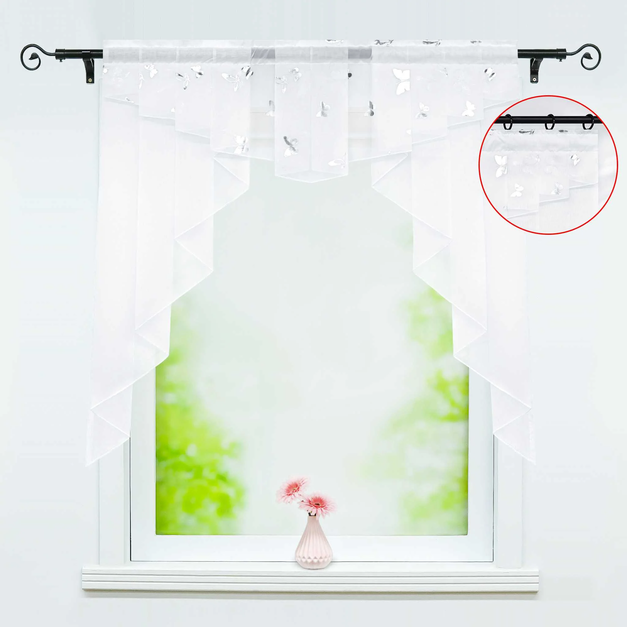 Scheibengardine Bistrogardine durch Tunnelzug Doppelschichtige Vorhangkopf Küchengardinen mit Schmetterlingsmuster