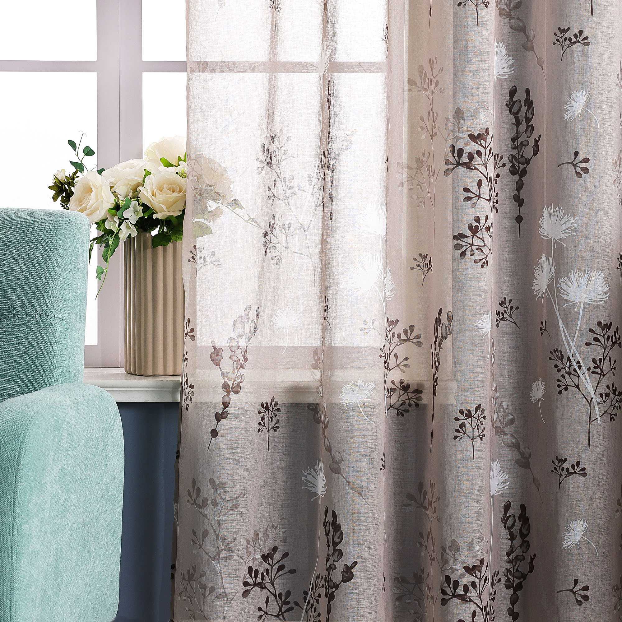 Vorhang mit Schlaufen modern Voile Gardine mit botanischen Mustern Vorhänge Transparent Schlafzimmer Wohnzimmer 1 Stück