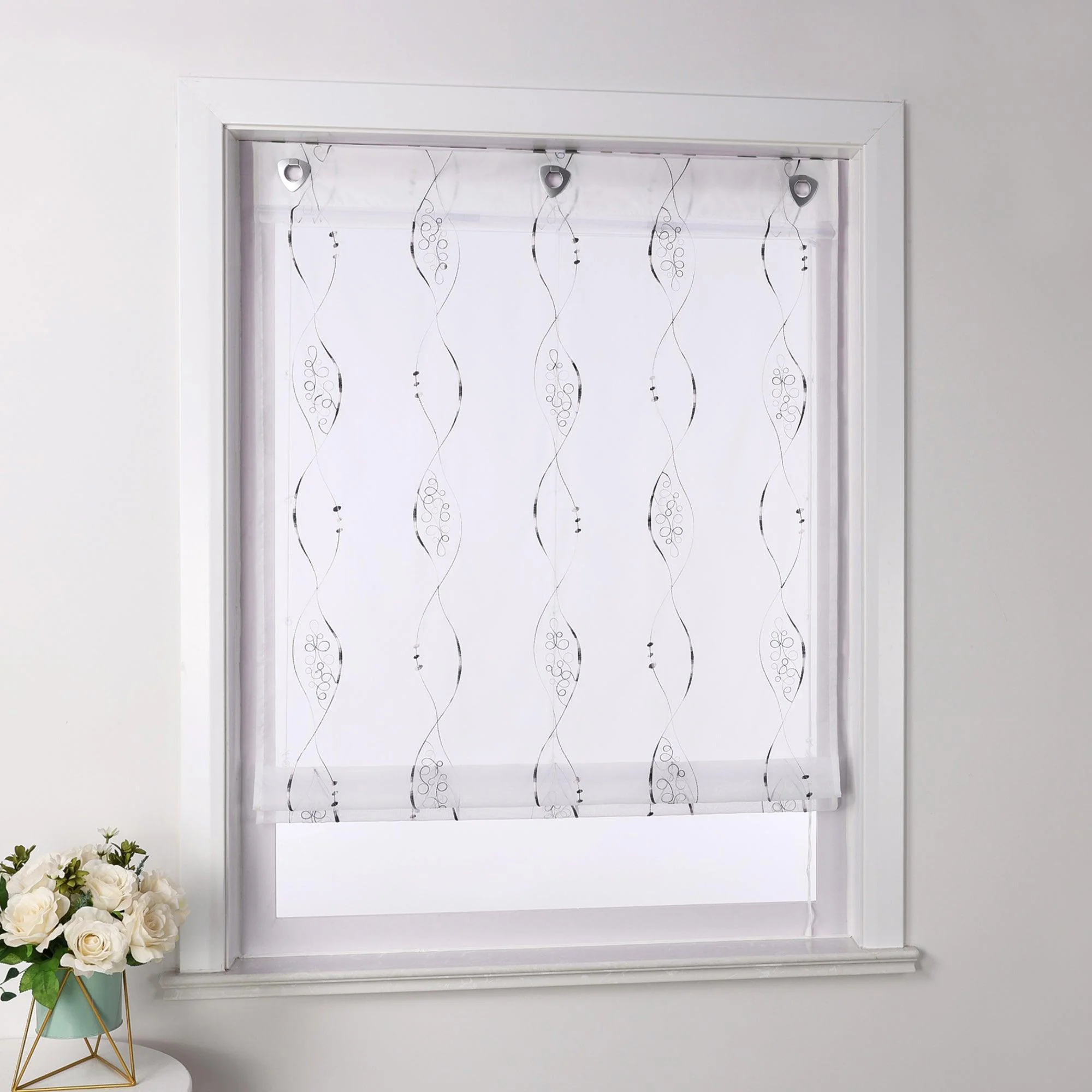 Raffrollo ohne Bohren Ösenrollo mit U Haken Bestickt Raffgardine Küche Gardinen mit Stickerei Transparent