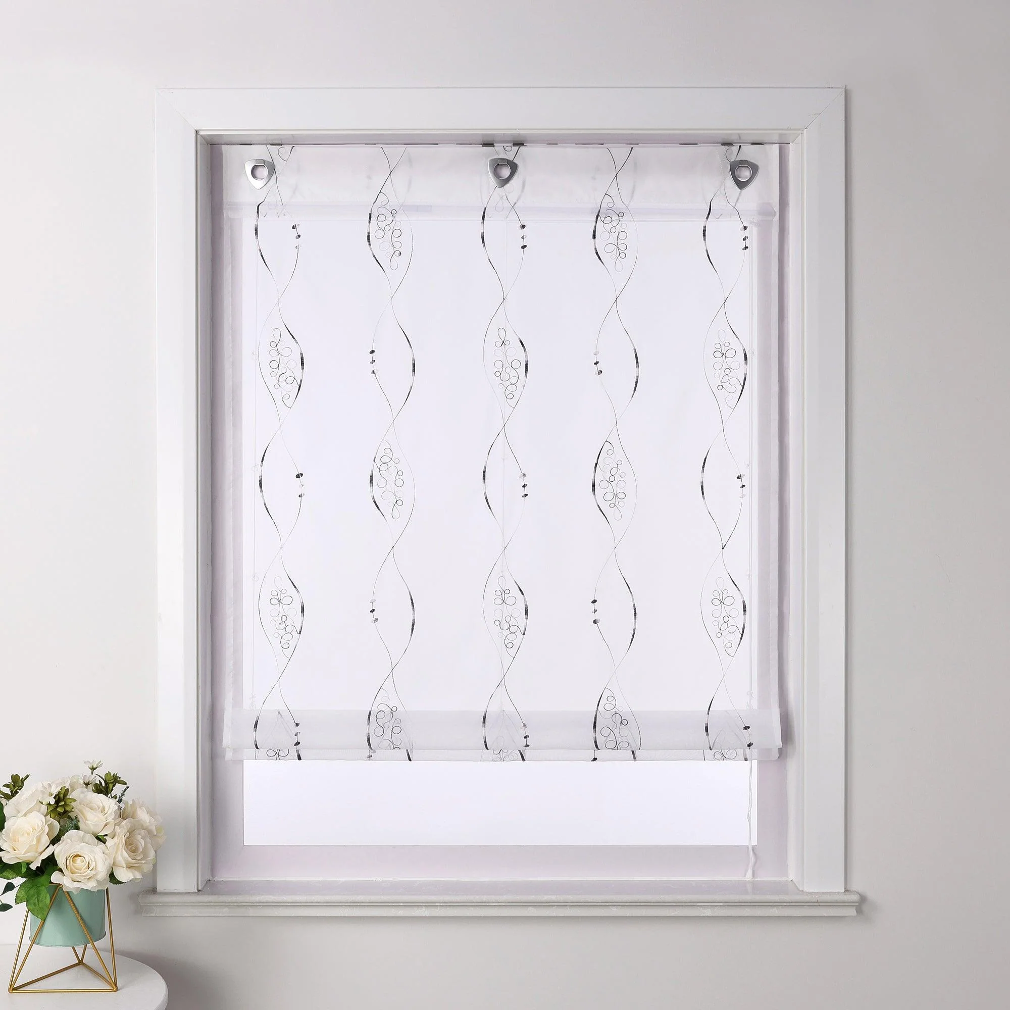 Raffrollo ohne Bohren Ösenrollo mit U Haken Bestickt Raffgardine Küche Gardinen mit Stickerei Transparent
