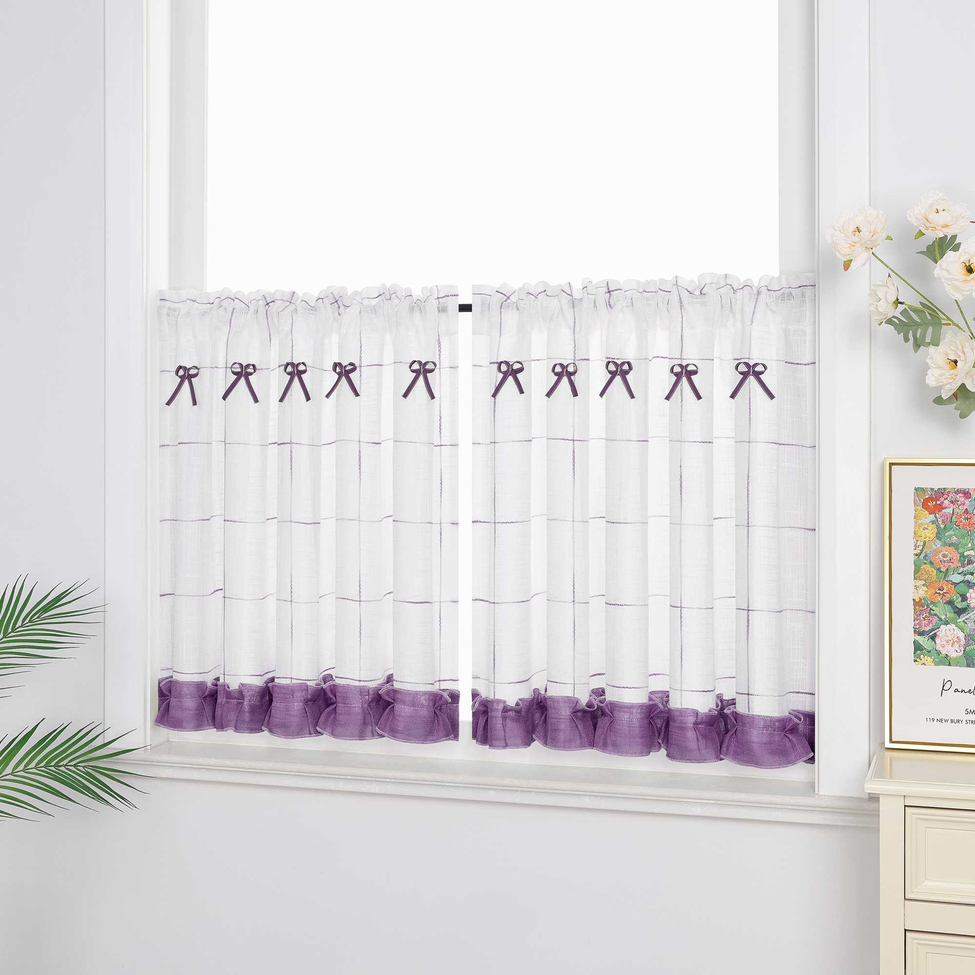 Halbtransparente Scheibengardine Landhausstil aus Leinen mit Schleifen 1 stück