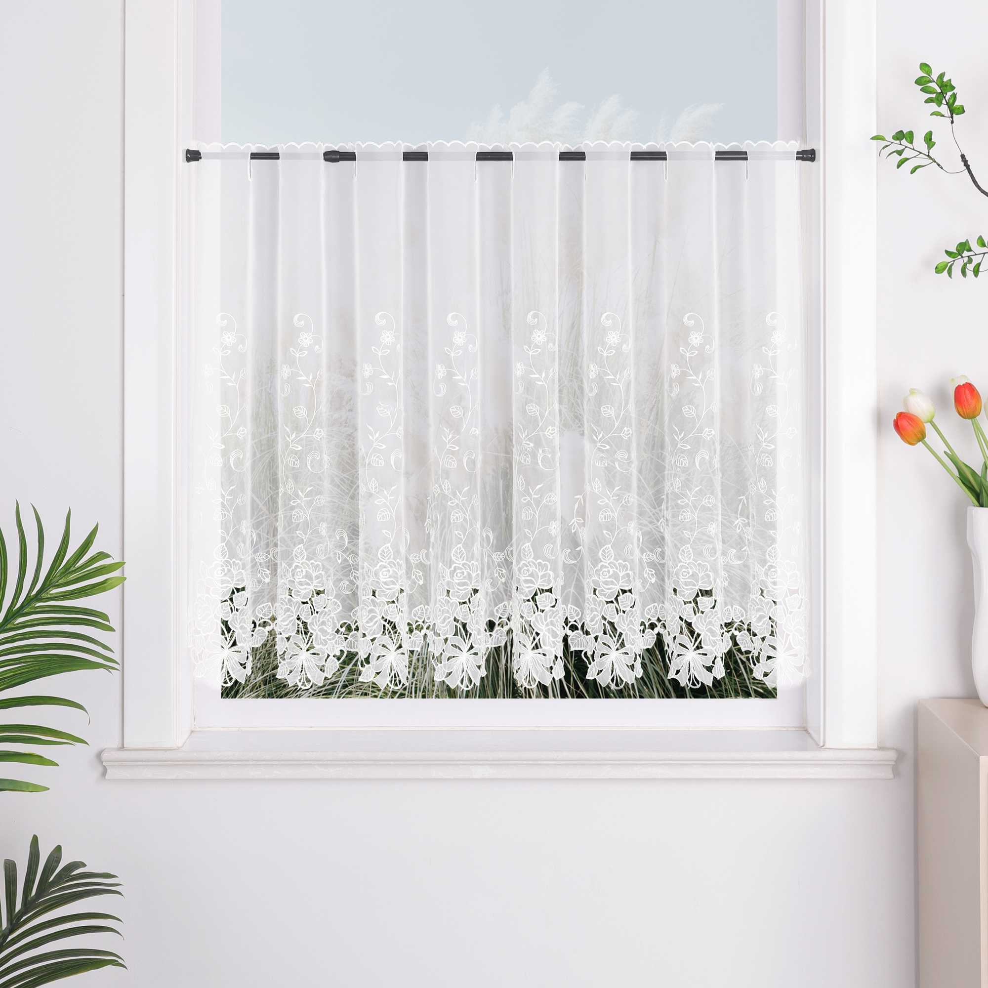 Delien Romantischer Spitzenvorhang mit filigranen Blumendesigns und Stangendurchzug