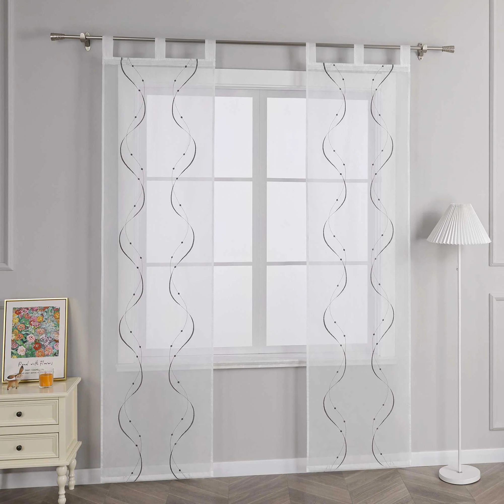 Schiebegardinen mit Schlaufen 2er Flächenvorhänge Schiebevorhang mit Wellenperlenmuster Stickerei Transparent
