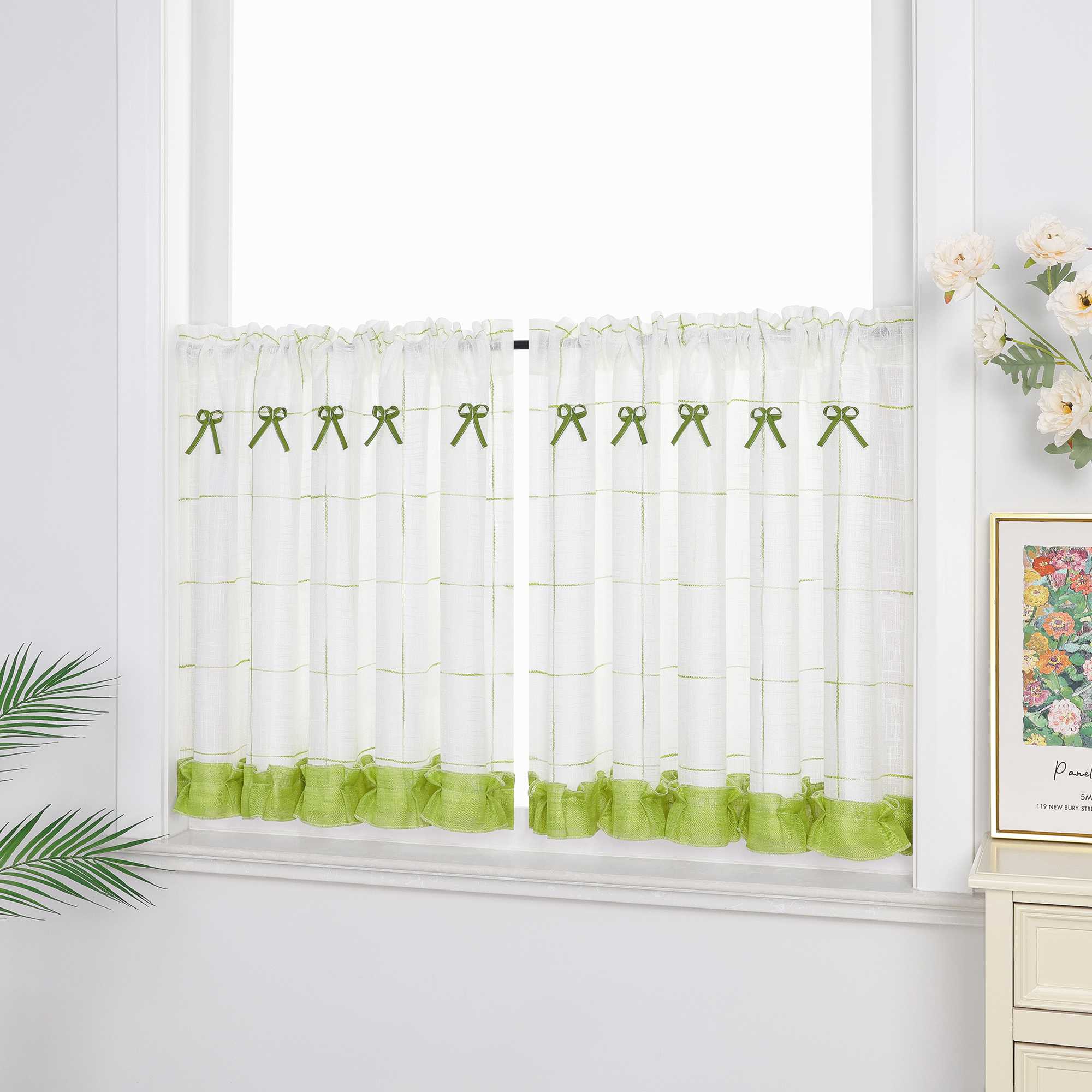 Halbtransparente Scheibengardine Landhausstil aus Leinen mit Schleifen 1 stück