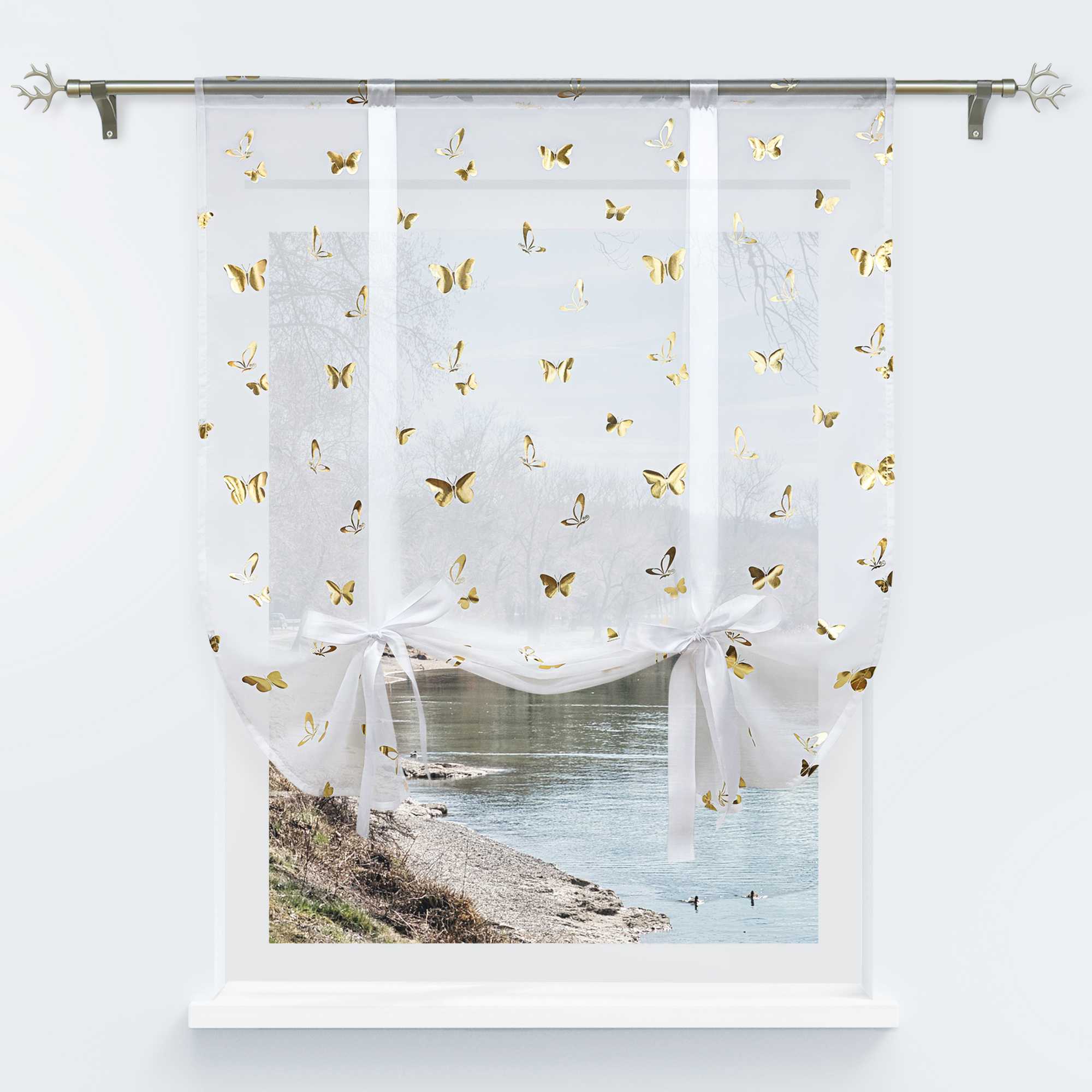 Rollos durch Stangendurchzug transparent mit Schmetterlingsmuster hochziehbare Falten 1 Stück