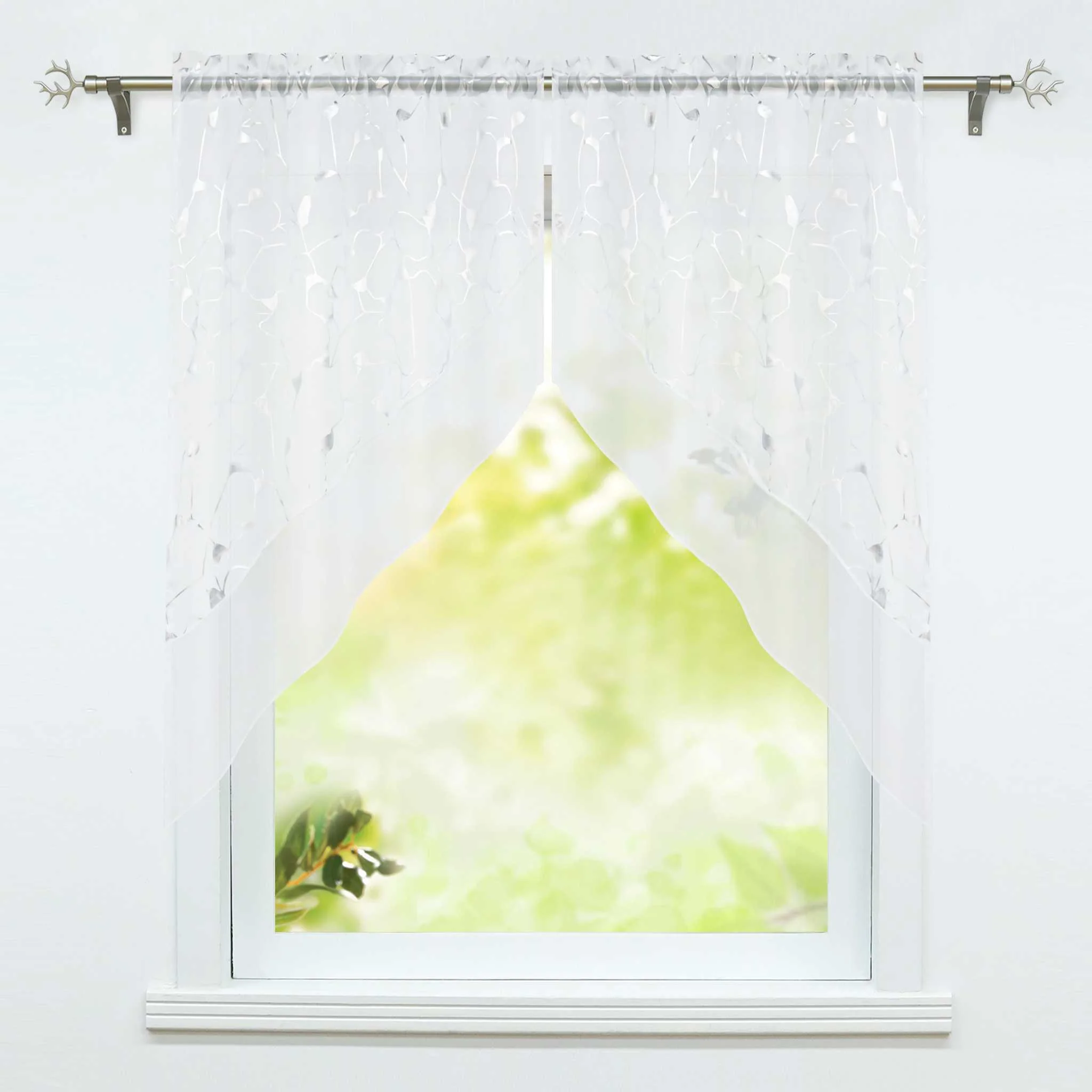 Scheibengardine durch Stangendurchzug doppelschichtige Küchengardinen mit silbernem Strukturdruck 2er Set