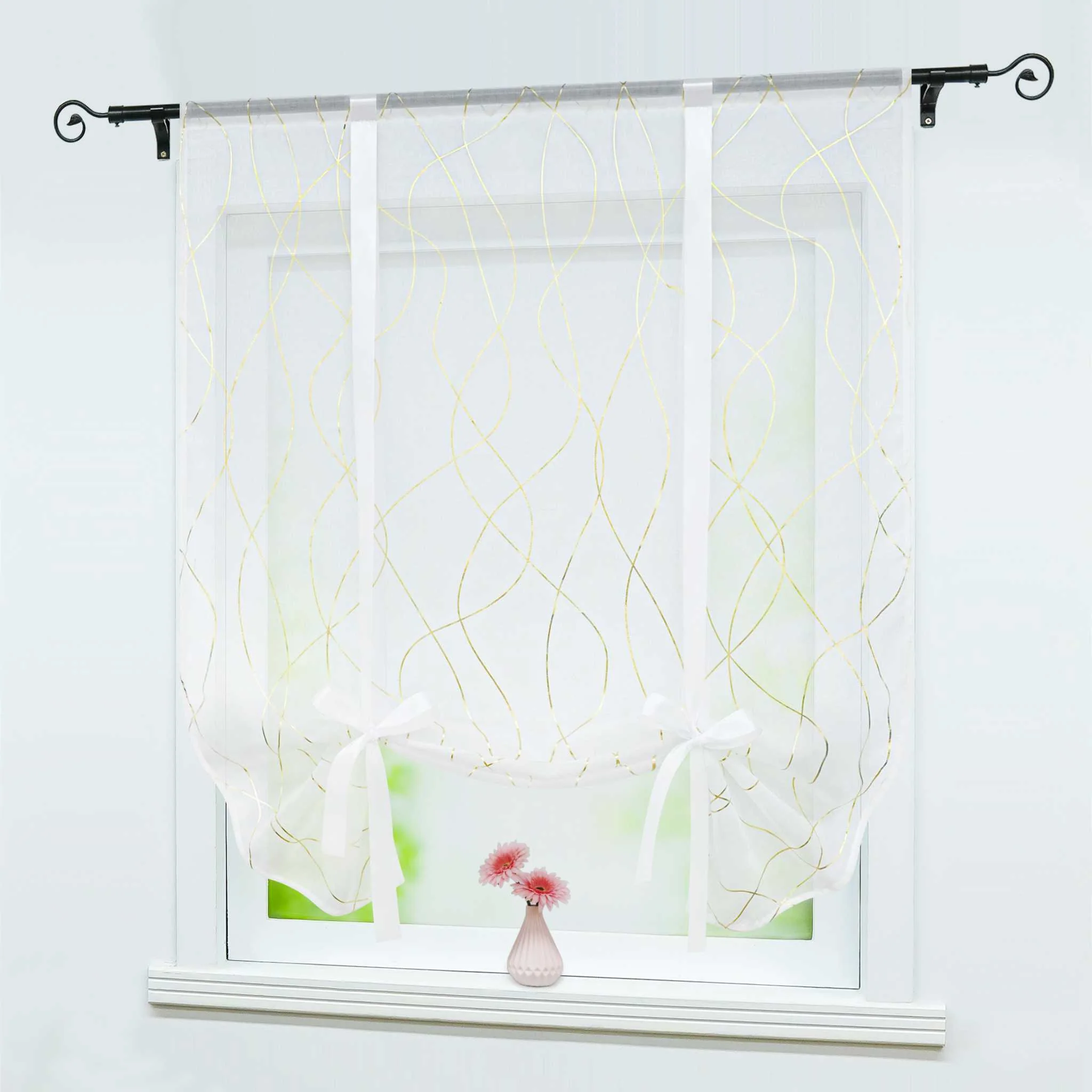 Raffrollo Voile Raffgardinen mit Wellenstreifen durch Tunnelzug Satinband Halbtransparent