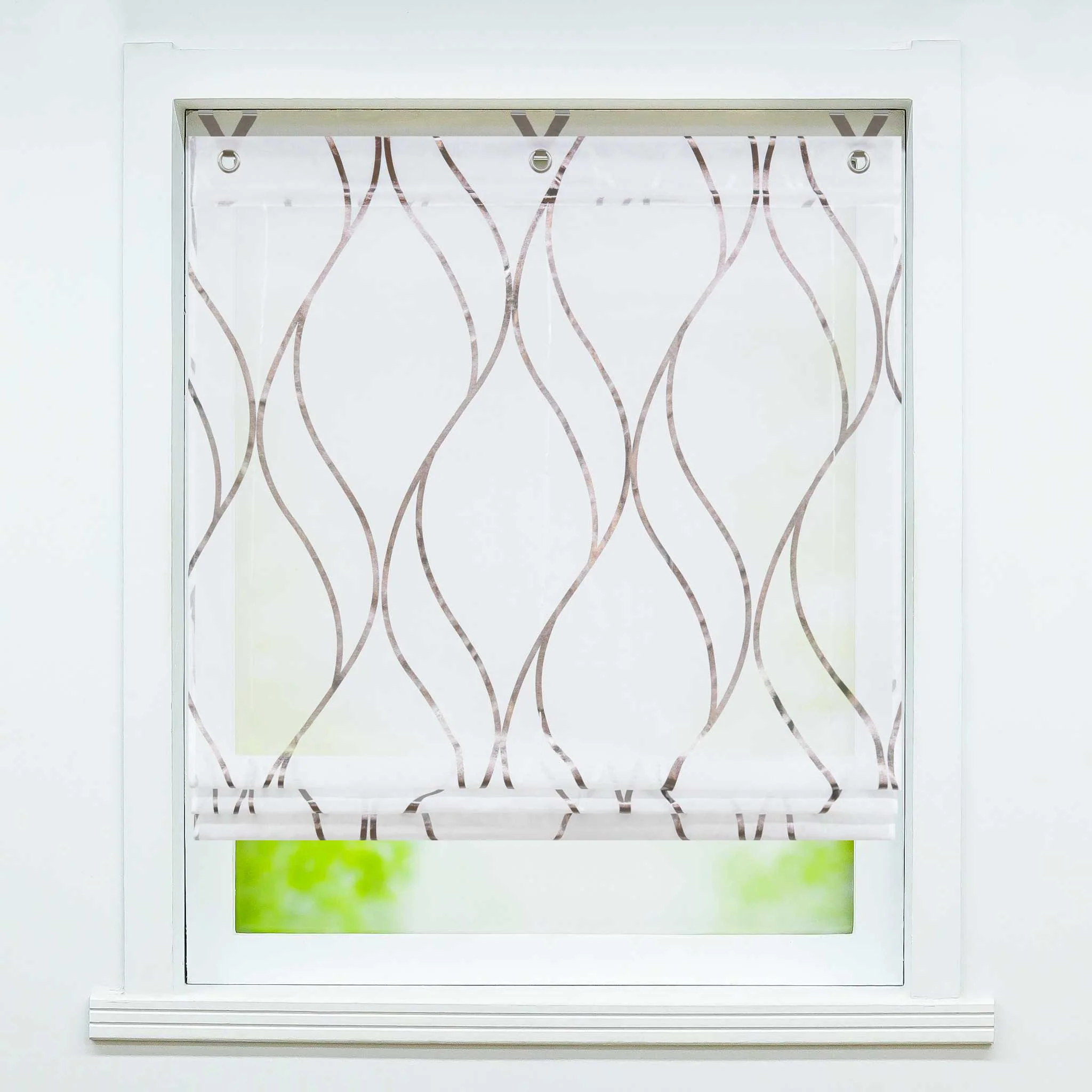 Rollos mit Ösen Gardinen Küche Raffgardinen Transparent Ösenrollo Vorhänge Mit Wellen-Druck Modern Voile 1 Stück