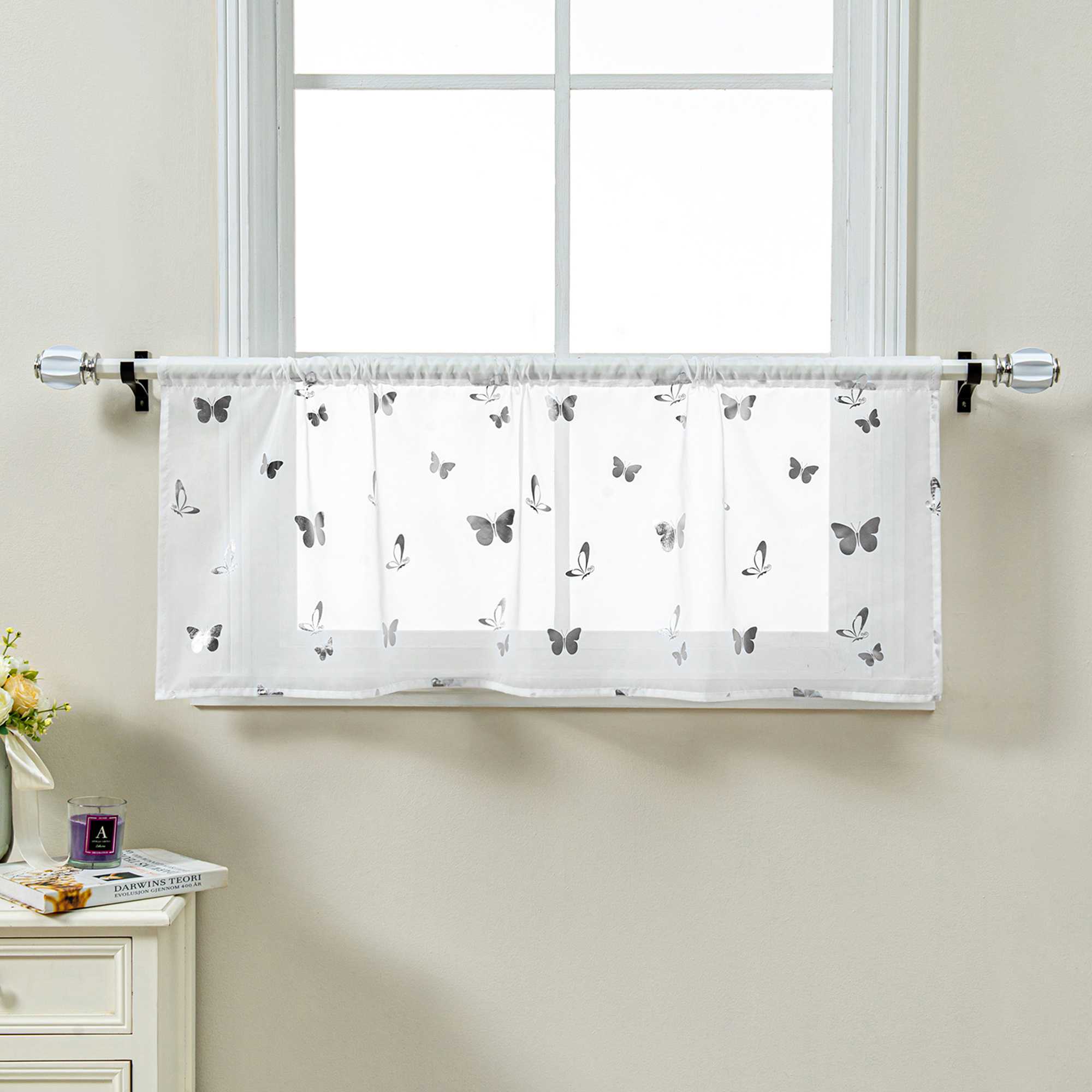 Scheibengardine mit Schmetterling Glanzdruck Transparent Küche Gardinen