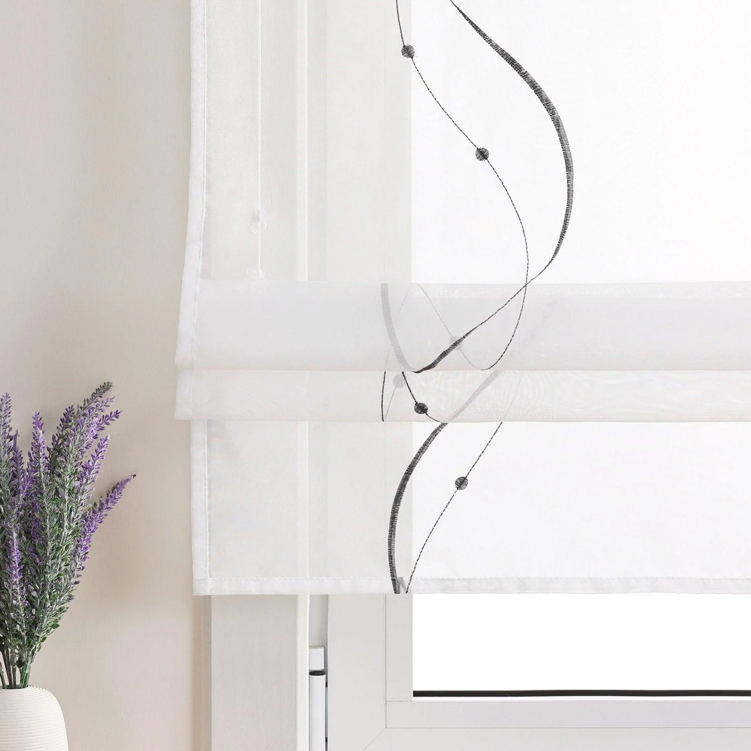 Raffrollo mit Klettband Küche Gardinen Raffgardinen Voile Bändchenrollo mit Wellenperlenmuster Stickerei Transparent 1 Stück