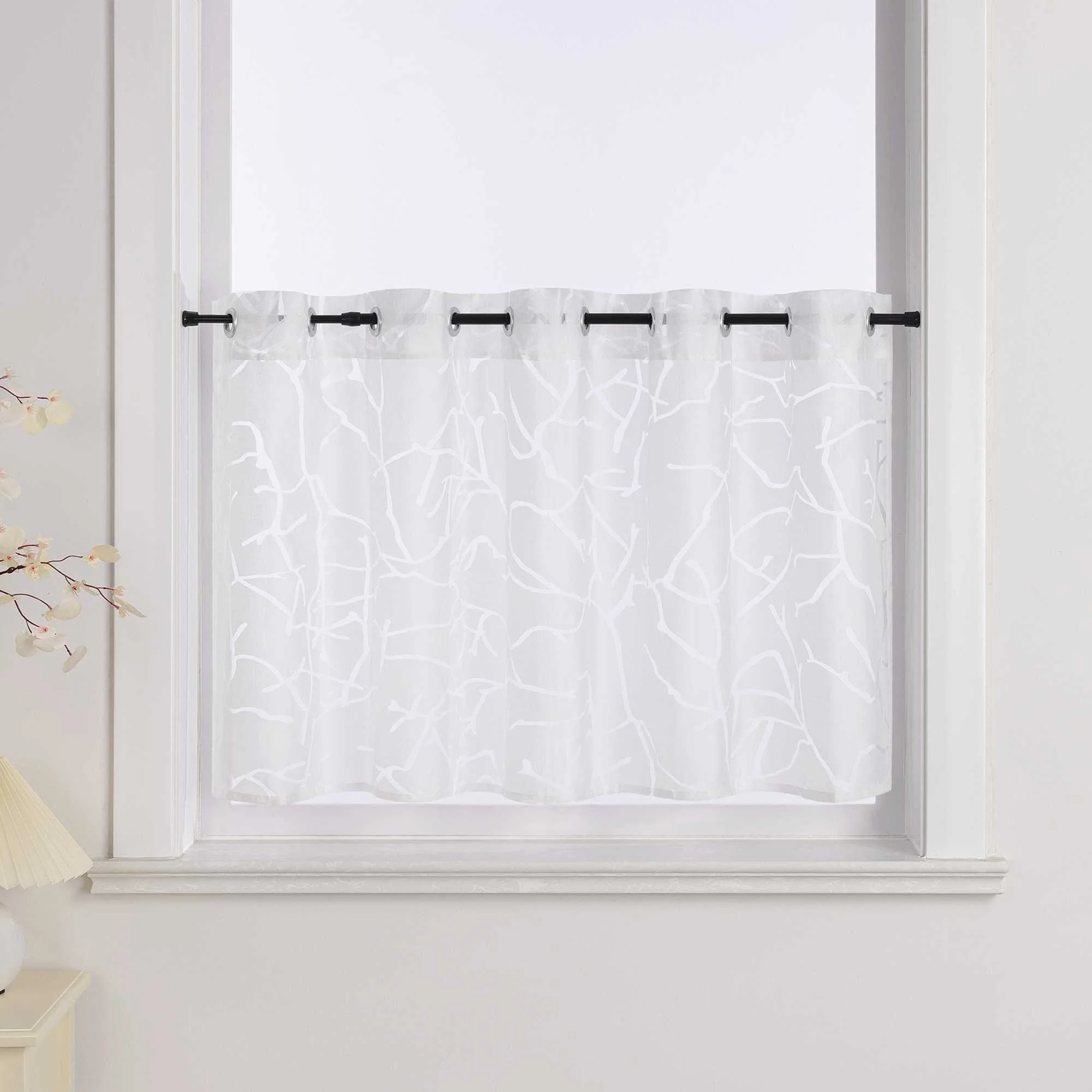 Scheibengardine aus Polyester mit Linienmuster und Zweigmotiv halbtransparent 1 stück