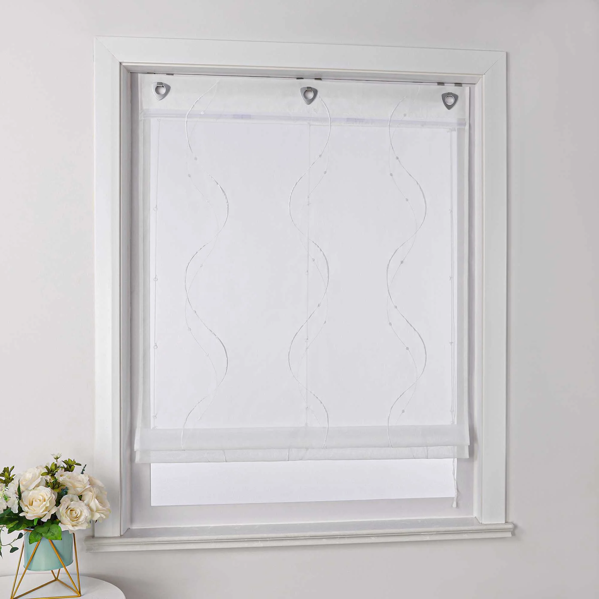 Rollos ohne Bohren Weiß Raffgardine mit Ösen Transparent Gardinen mit U-Haken Ösenrollo Modern Bestickt 1 Stück