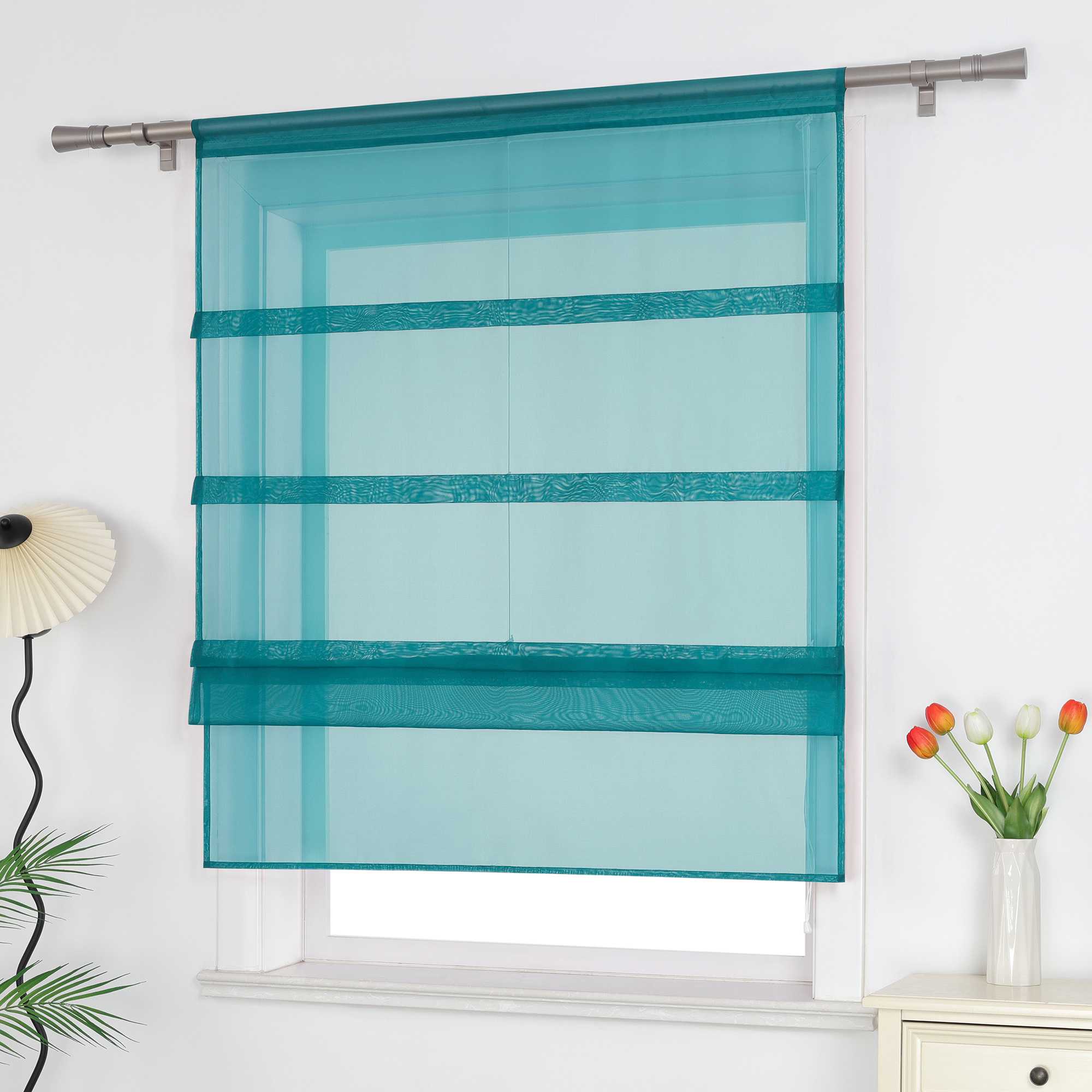 Raffrollo Voile Raffgardinen durch Tunnelzug Bändchenrollo Küche Gardinen Transparent Uni 1 Stück