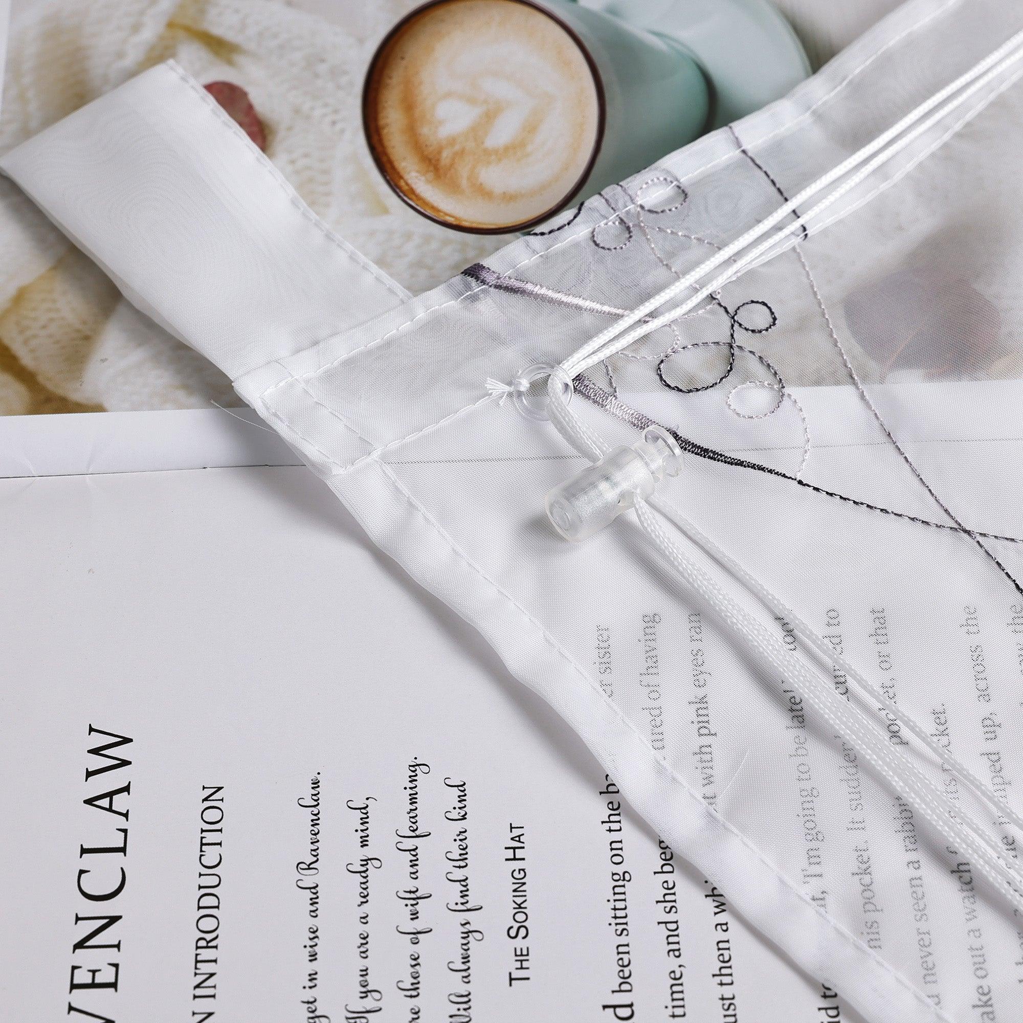 Raffrollo mit Schlaufen Voile Raffgardinen Modern Bestickt Vorhänge Bändchenrollo mit Linienmuster-Stickerei Transparent Weiß 1 Stück