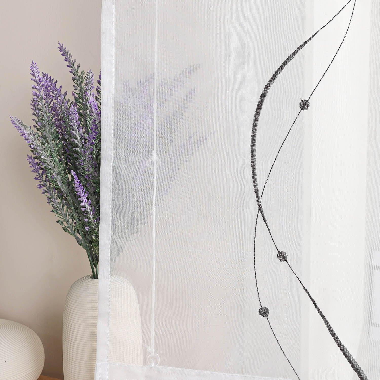 Raffrollo mit Klettband Küche Gardinen Raffgardinen Voile Bändchenrollo mit Wellenperlenmuster Stickerei Transparent 1 Stück