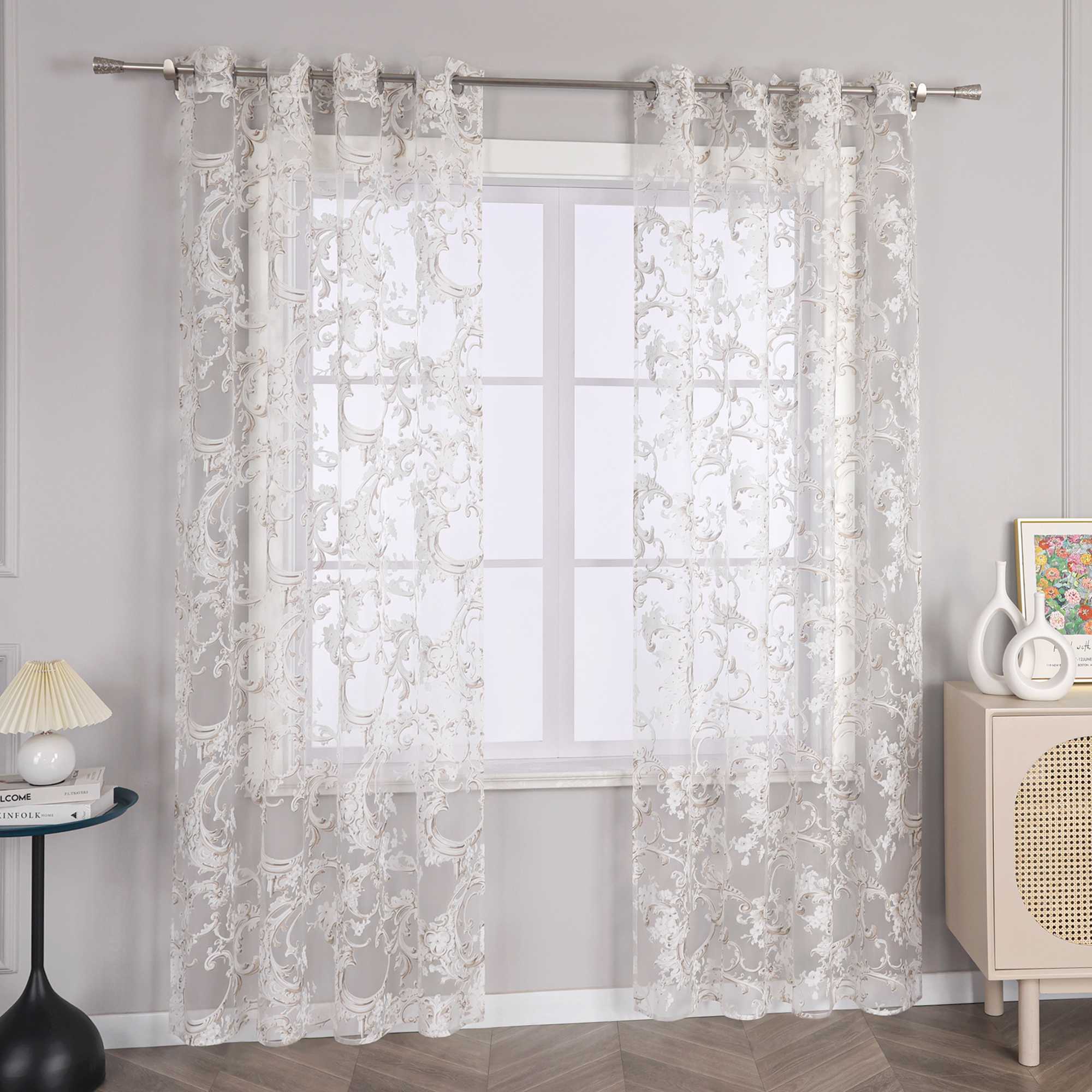 Eleganter Ösenschal mit Phönixblütenmuster | Transparente Voile Gardine für Schlafzimmer und Wohnzimmer