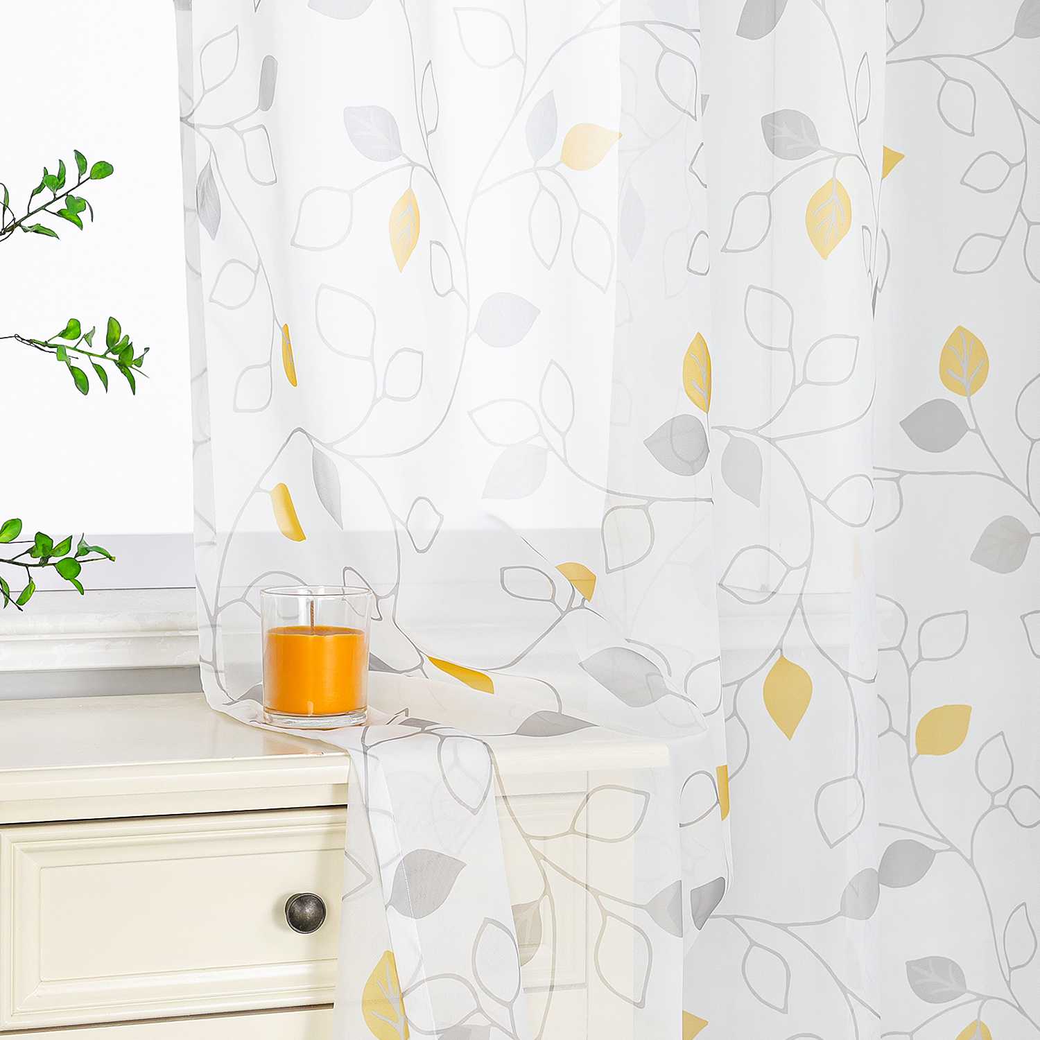 Gardinen schals mit Blättermuster transparent Vorhang mit Schlaufen 1 Stück