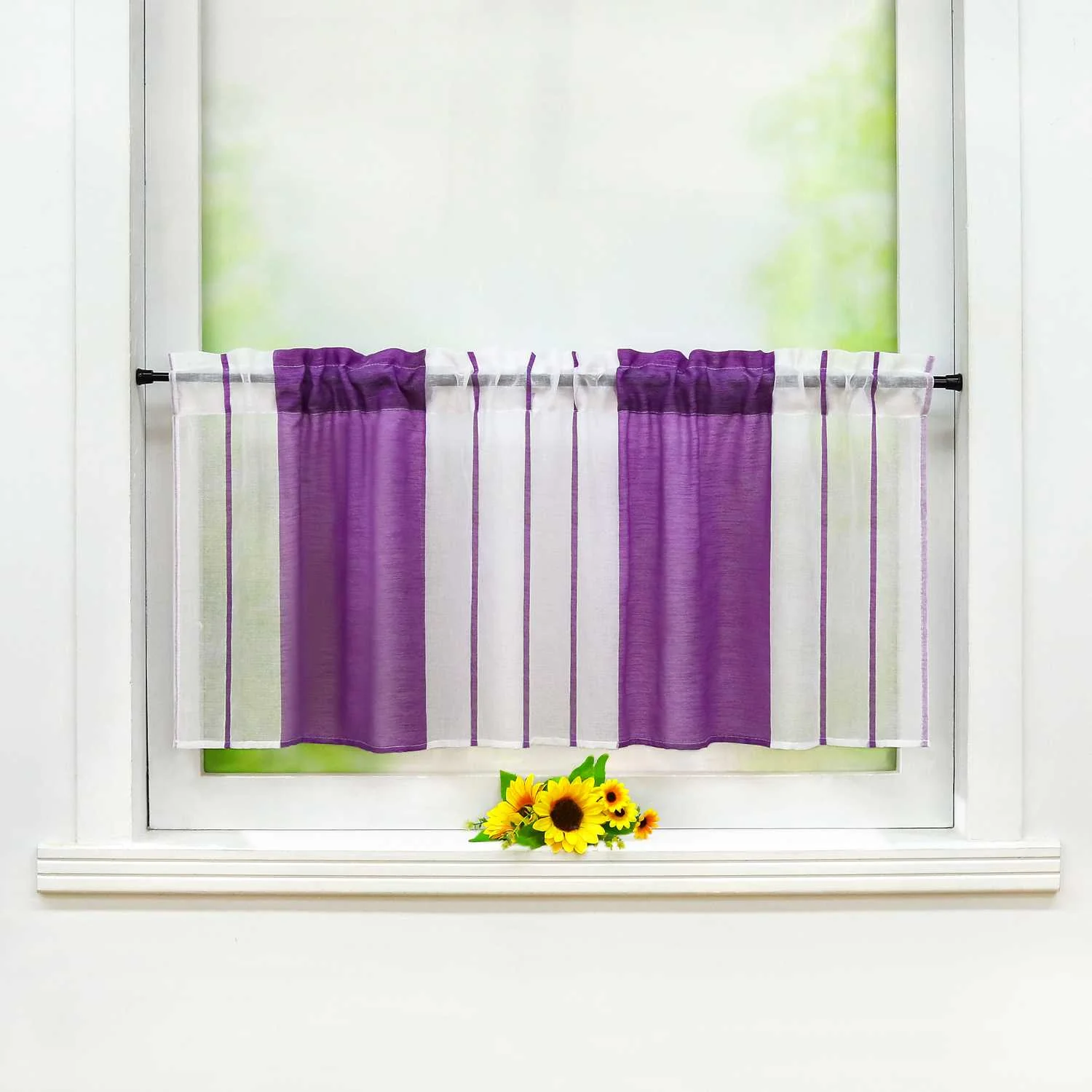 Scheibengardine durch Stangendurchzug zusammenziehbar weiße Streifenmuster halbtransparent 1 Stück