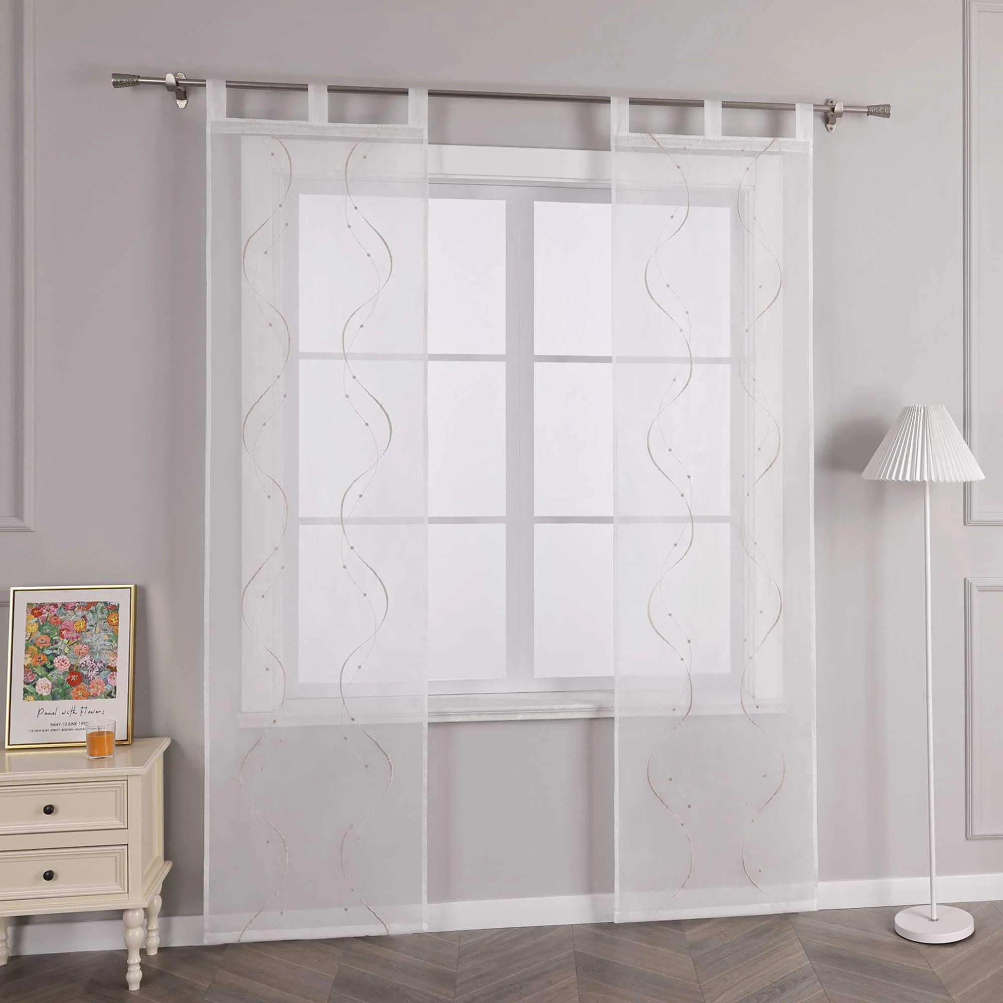 Schiebegardinen mit Schlaufen 2er Flächenvorhänge Schiebevorhang mit Wellenperlenmuster Stickerei Transparent