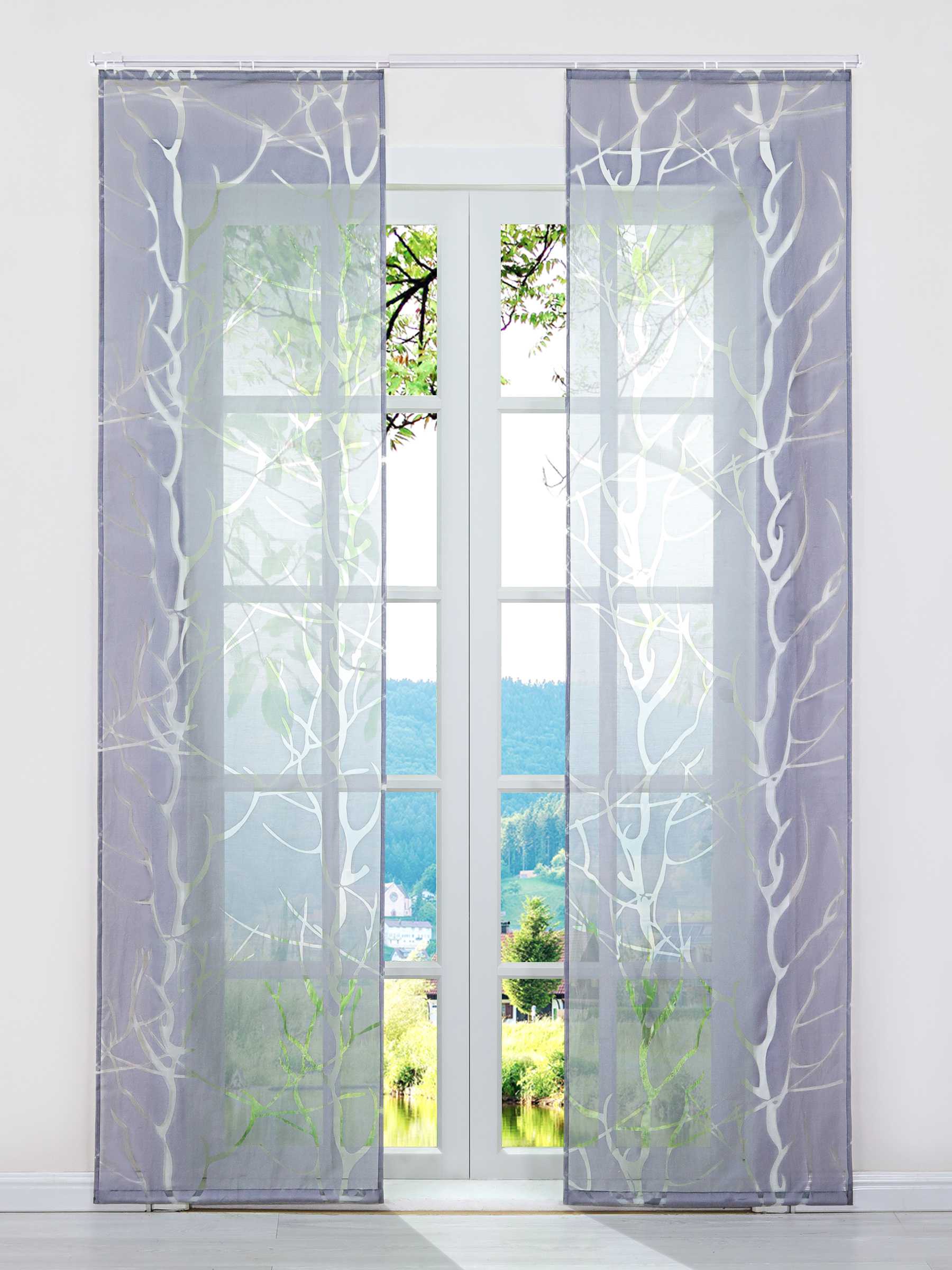 Halbtransparente Schiebegardinen Klettbandschal mit grobes Zweigmuster Lichtdurchlässig 2 er Set