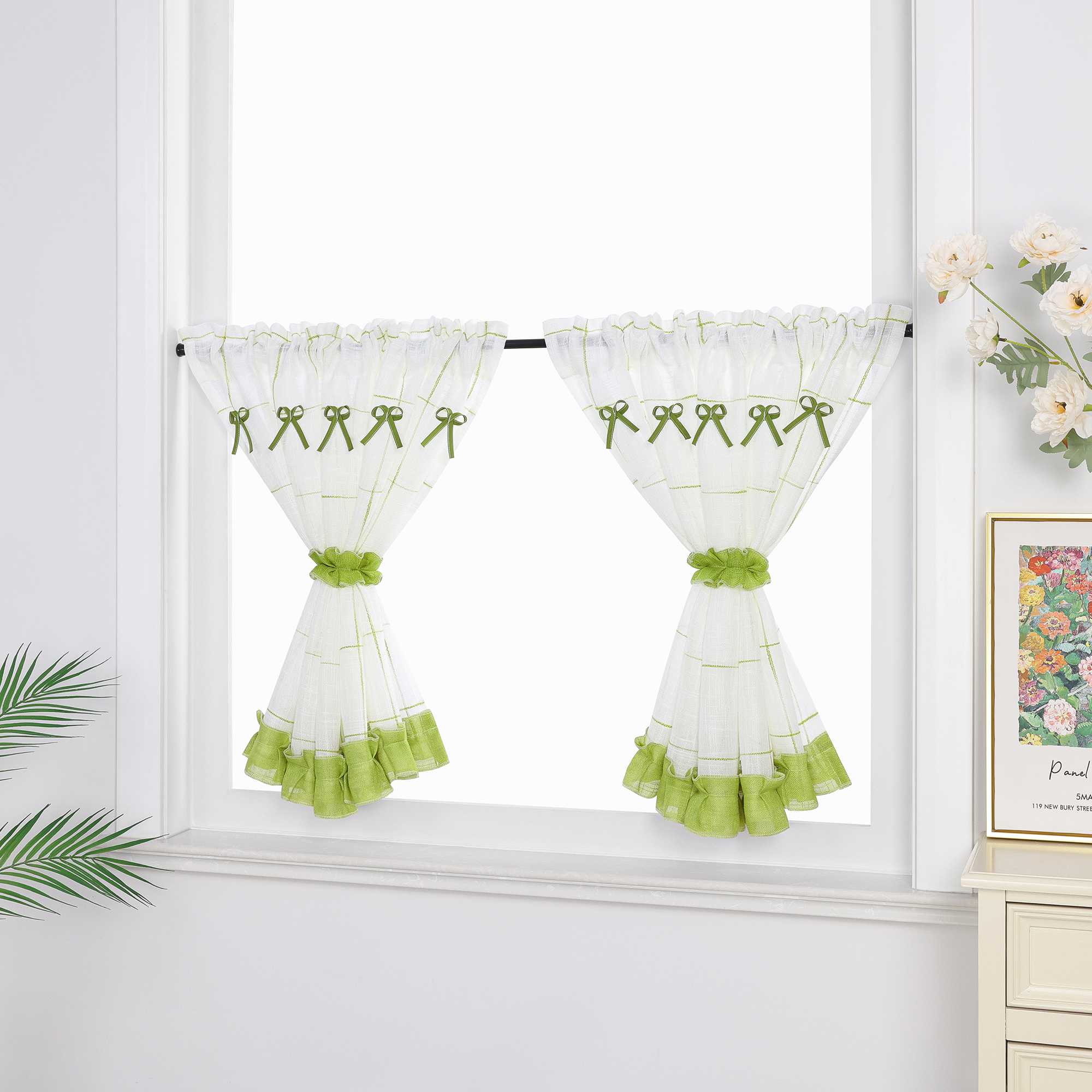 Halbtransparente Scheibengardine Landhausstil aus Leinen mit Schleifen 1 stück