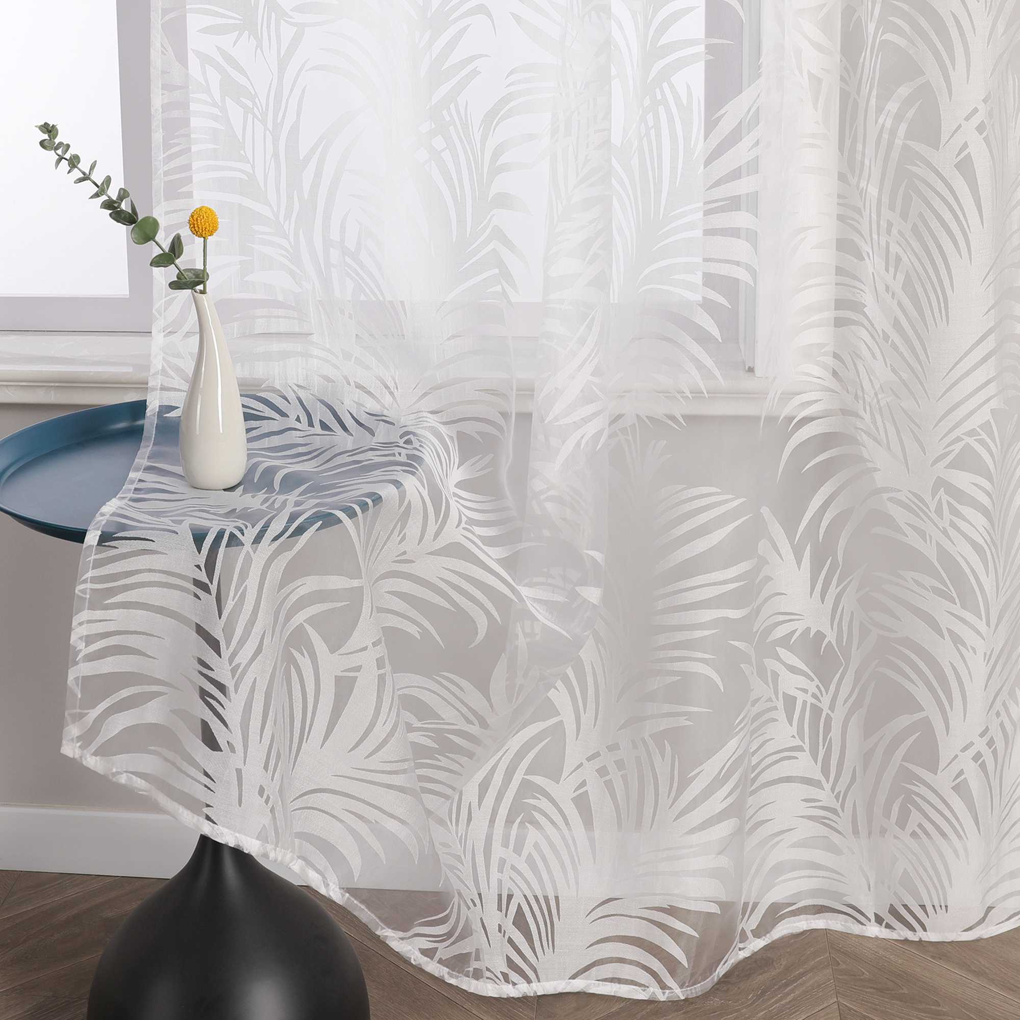 Voile Gardine in Ausbrenner mit Blätter Muster transparenter Vorhang Unifarbiges Schals Wohnzimmer Fensterschal 1 Stück