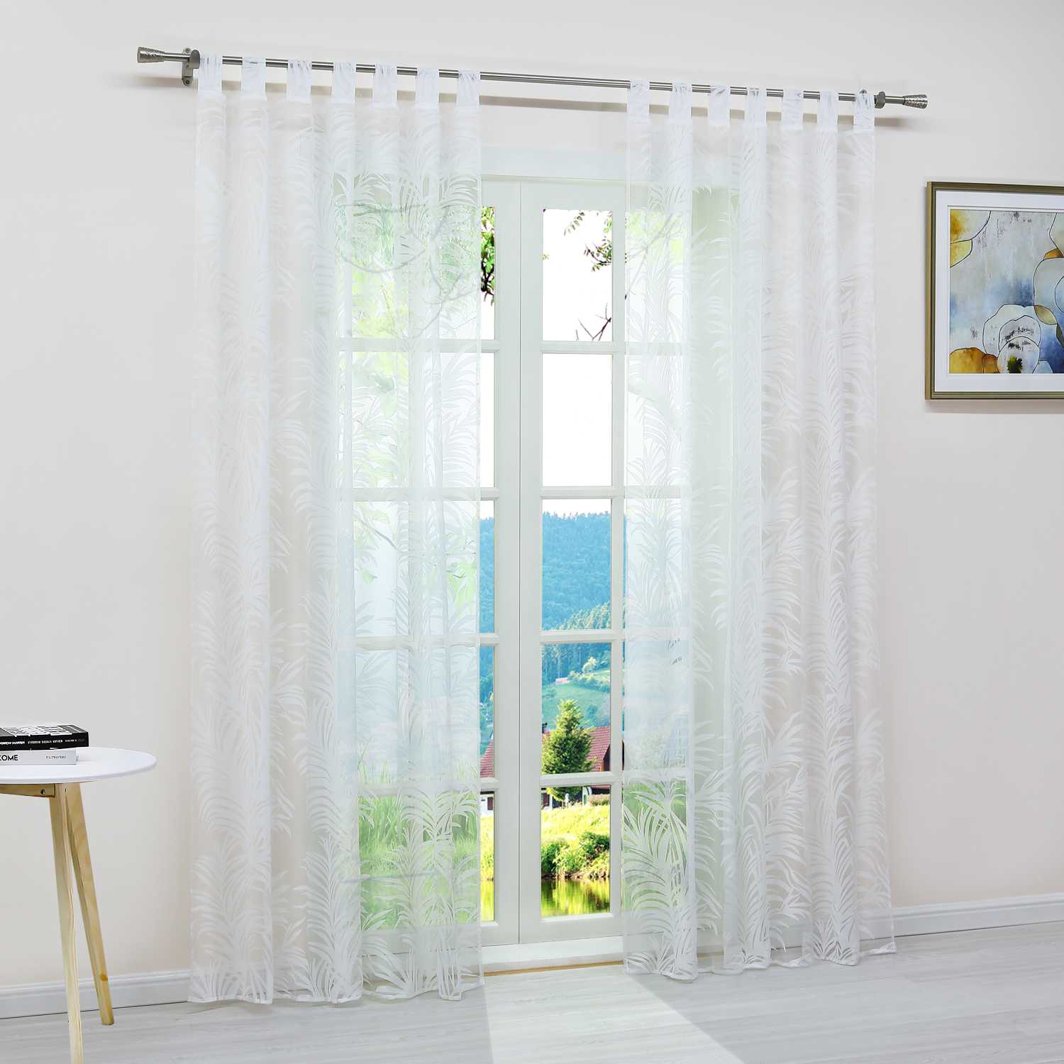 Voile Gardine in Ausbrenner mit Blätter Muster transparenter Vorhang Unifarbiges Schals Wohnzimmer Fensterschal 1 Stück