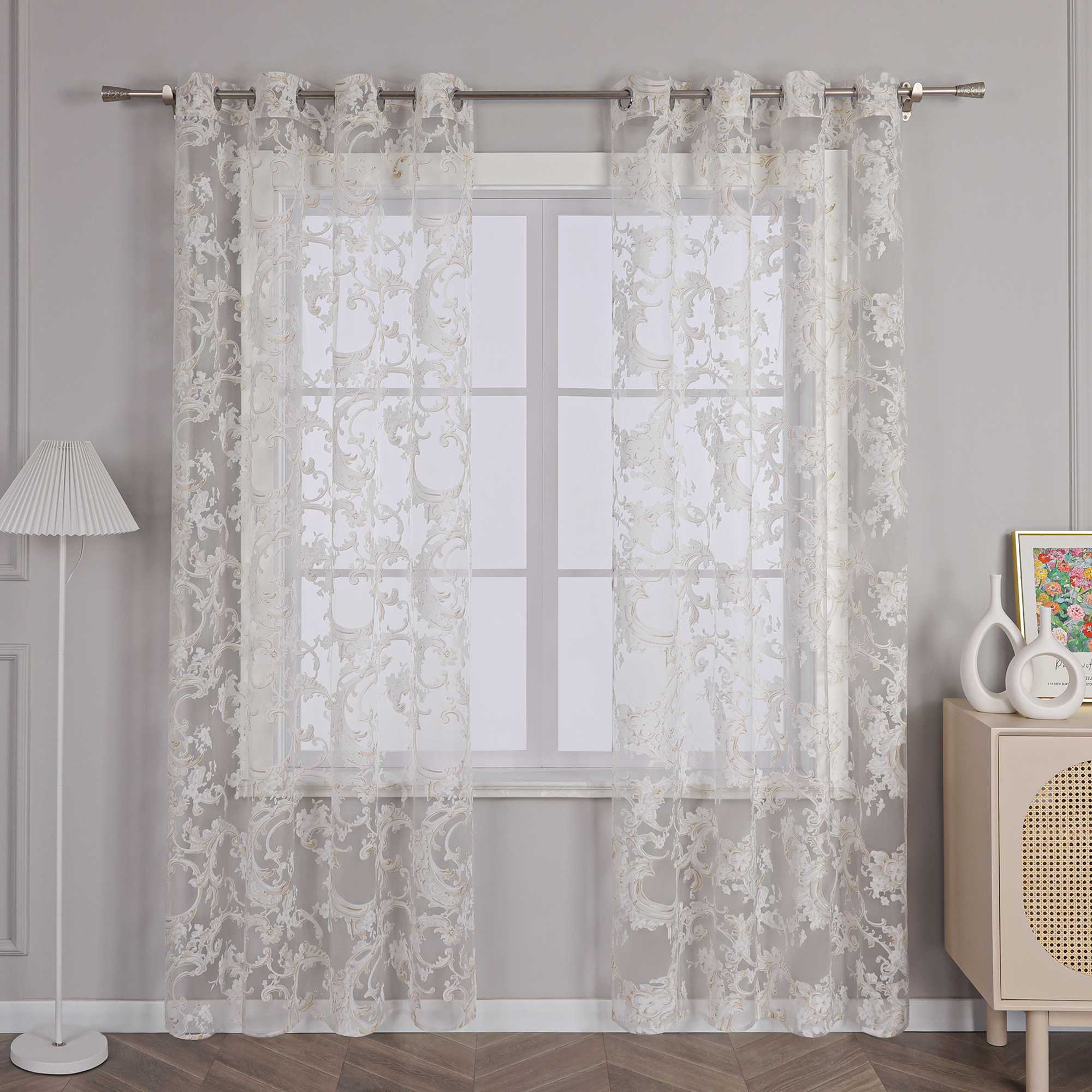 Eleganter Ösenschal mit Phönixblütenmuster | Transparente Voile Gardine für Schlafzimmer und Wohnzimmer